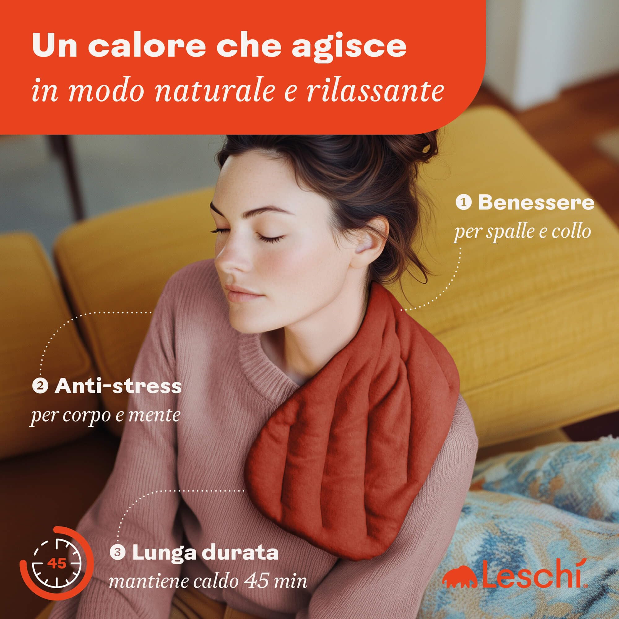 LESCHI XXL Cuscino termico per microonde (50x20cm) - In cotone bio con grano biologico - Cuscino riscaldante a 8 camere - Ideale come fonte di calore per cervicale, spalla, schiena, collo - rosso