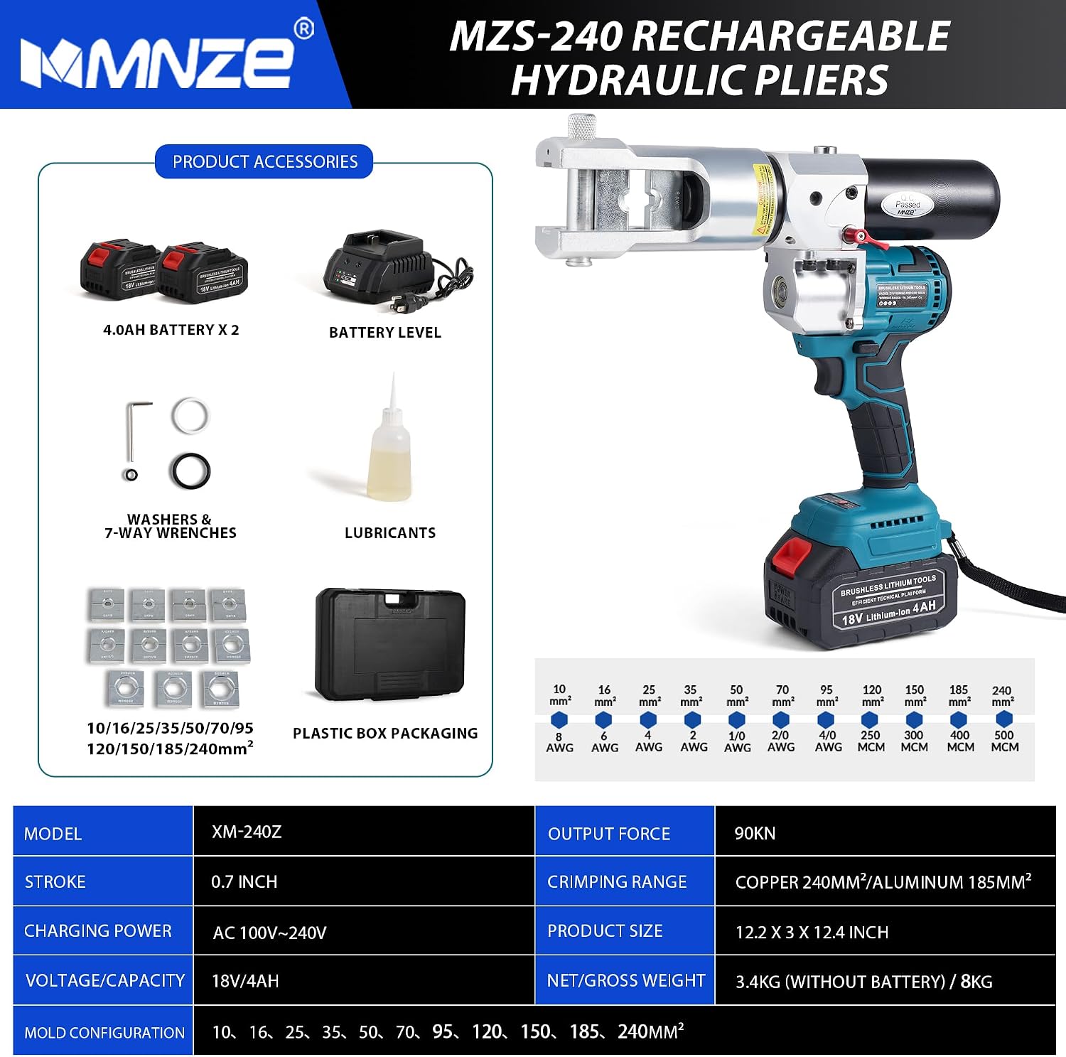 Electric Hydraulic Cable Lug Crimping Tool Auto-Oil-Return 9 Ton Hydraulic Electrical Wire Terminal Cable Lugs Crimper Rechargeable Crimping Tool Kits with 11 Dies, 8 AWG to 500 MCM