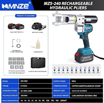 Electric Hydraulic Cable Lug Crimping Tool Auto-Oil-Return 9 Ton Hydraulic Electrical Wire Terminal Cable Lugs Crimper Rechargeable Crimping Tool Kits with 11 Dies, 8 AWG to 500 MCM