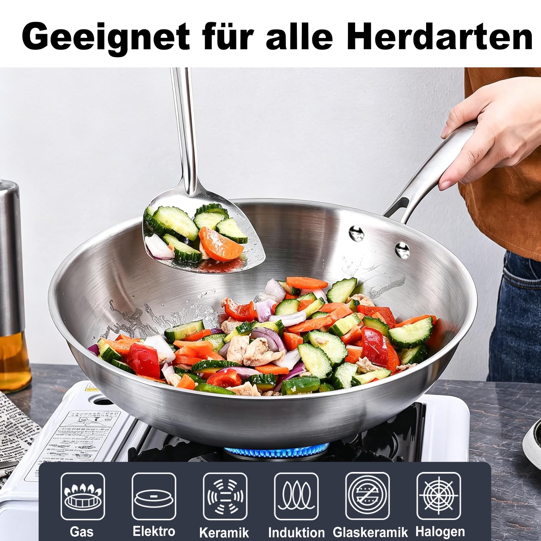 LOLYKITCH Wok 26 cm, unbeschichtete Edelstahl-Wokpfanne mit Glasdeckel