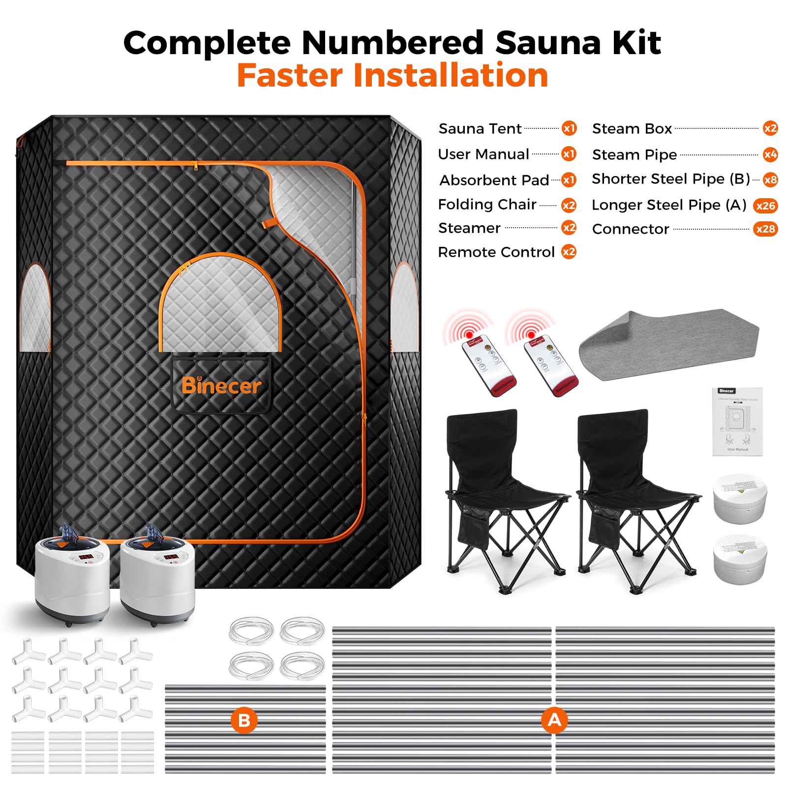 Caja de Sauna portátil, Sala de Vapor portátil para 2 Personas, Tienda de campaña Grande con 2 vaporeras, Silla Plegable para Relajarse, Negro