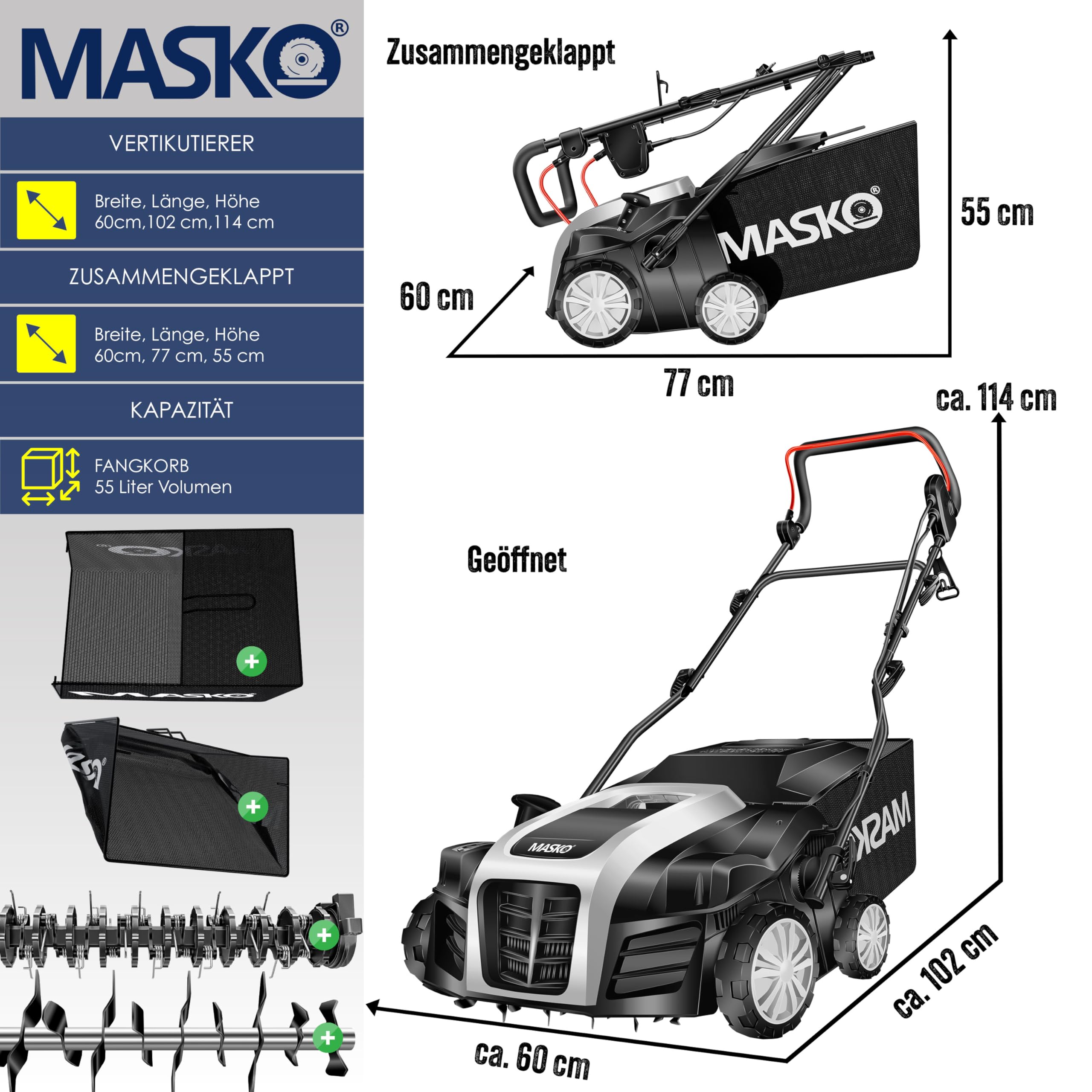 MASKO® Escarificador eléctrico 2 en 1, aireador de césped 1800W, 40 cm de ancho de trabajo, cesta de recogida de 55 l, eliminador de musgo, profundidad de trabajo ajustable en 5 etapas, negro