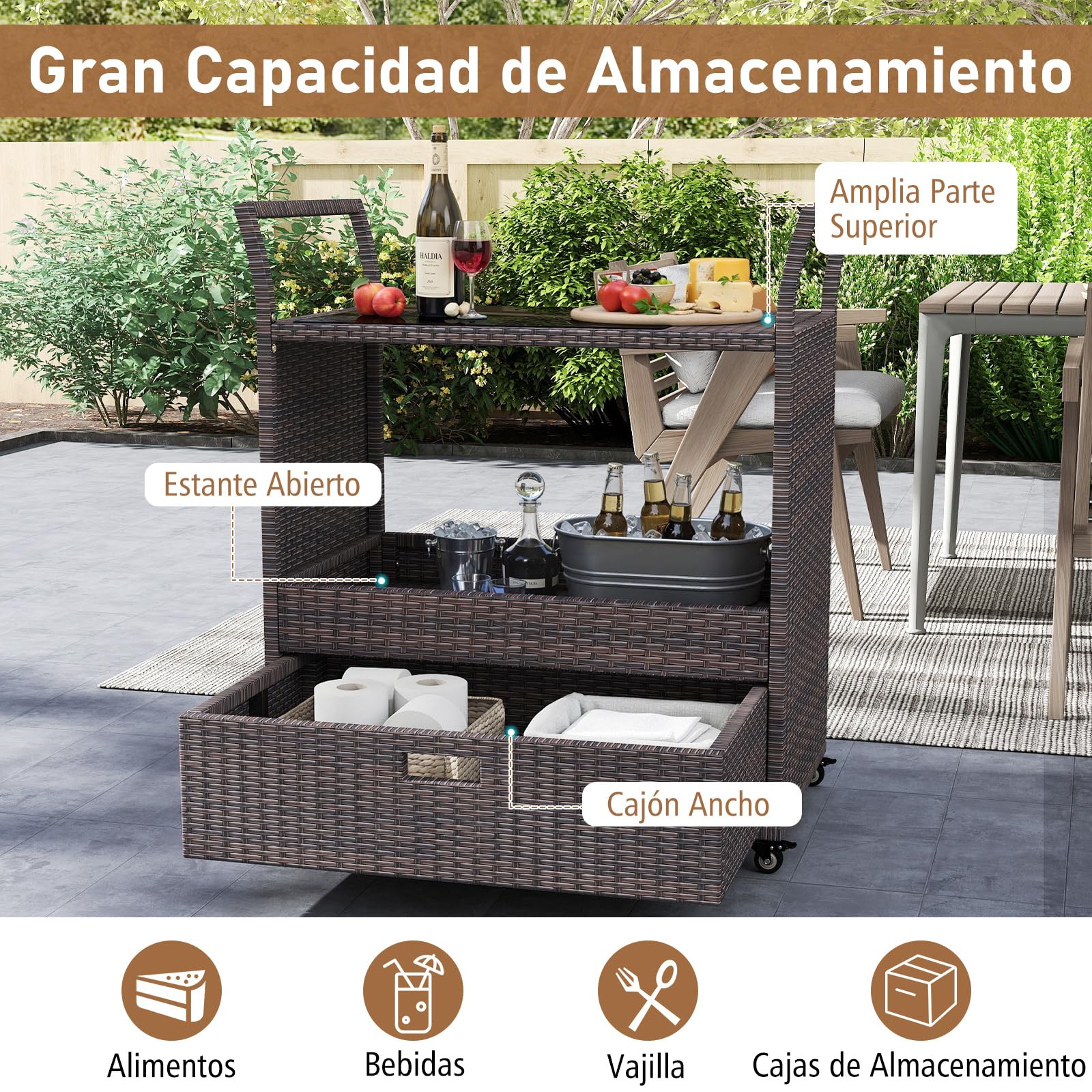 COSTWAY Carrito de Ratán para Exterior, Mesa Auxiliar Rodante con Encimera de Vidrio Templado, Estante Abierto y Cajón Grande, Carro de Servicio de Ratán PE para Patio Porche Jardín Piscina
