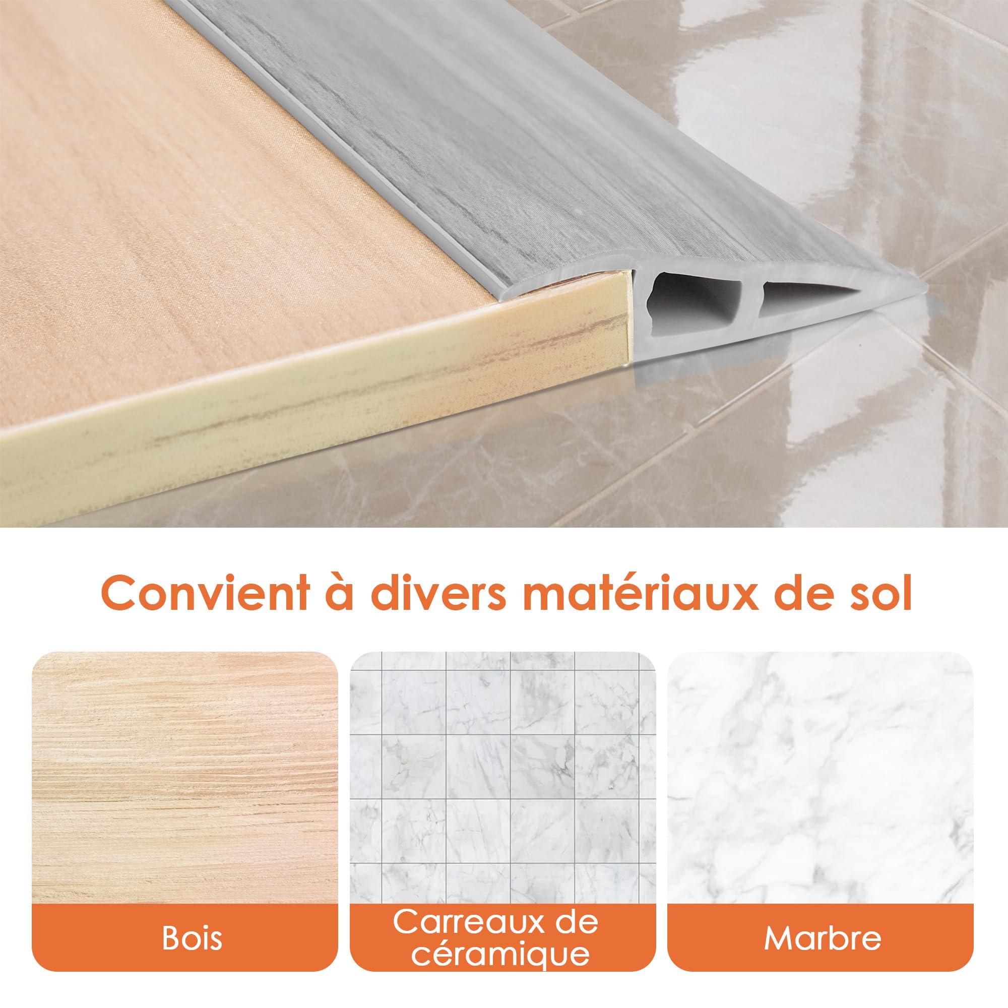 2M Barre de Seuil Adhesive de Porte en PVC, Bandes de Transition Sol Rampe de Seuil Pente de Seuil, 10mm, pour des Hauteurs de 7-10mm(Grain de Bois Gris)