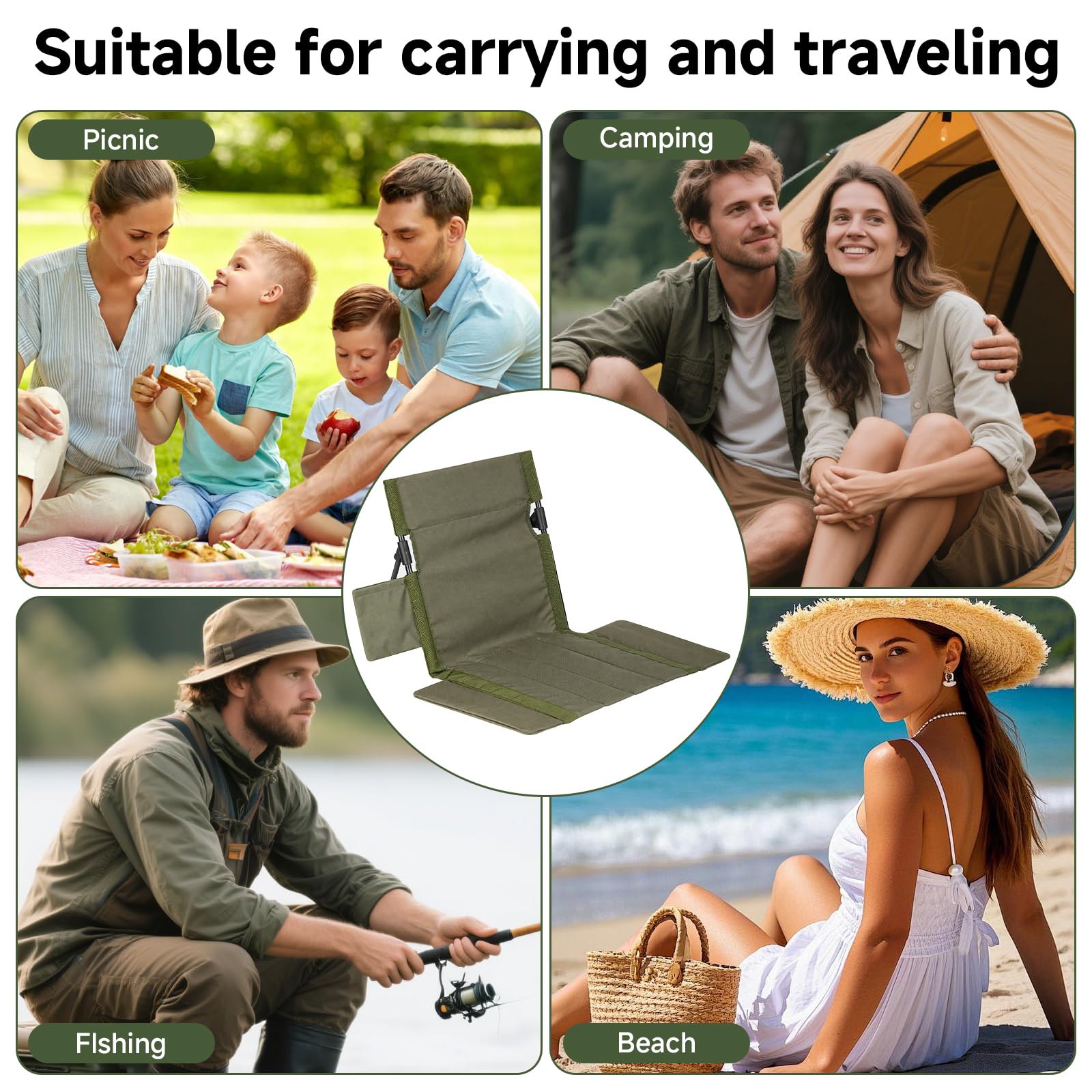 Sedia pieghevole da pavimento con schienale, in tessuto Oxford 600D, da campeggio, spiaggia, leggera, con tasca laterale e seduta ampia, sedia pieghevole portatile per spiaggia, giardino, picnic