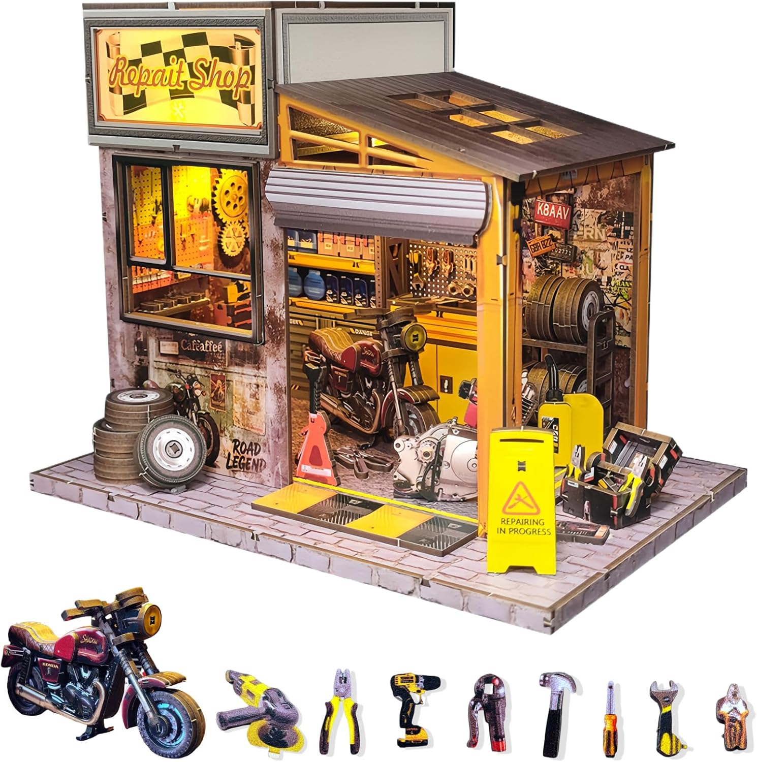 DIY Motorcycle Workshop Model Kit – Miniature Repair Scene for Adults
