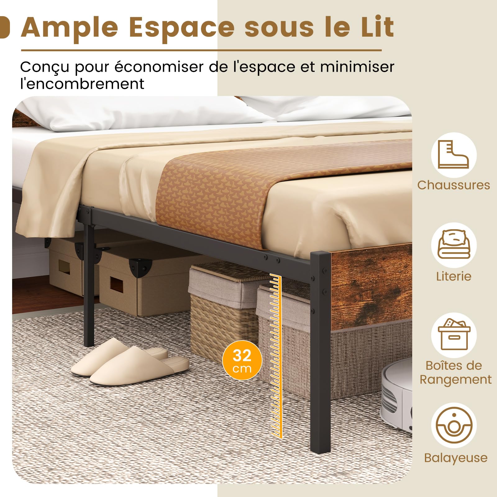 COSTWAY Cadre de Lit 140 x 200 cm avec Sommier en Métal, Lit 2 Personnes Industriel avec Tête en Bois, Espace de Rangement, Pas de Sommier Nécessaire, Montage Facile, Marron Rustique