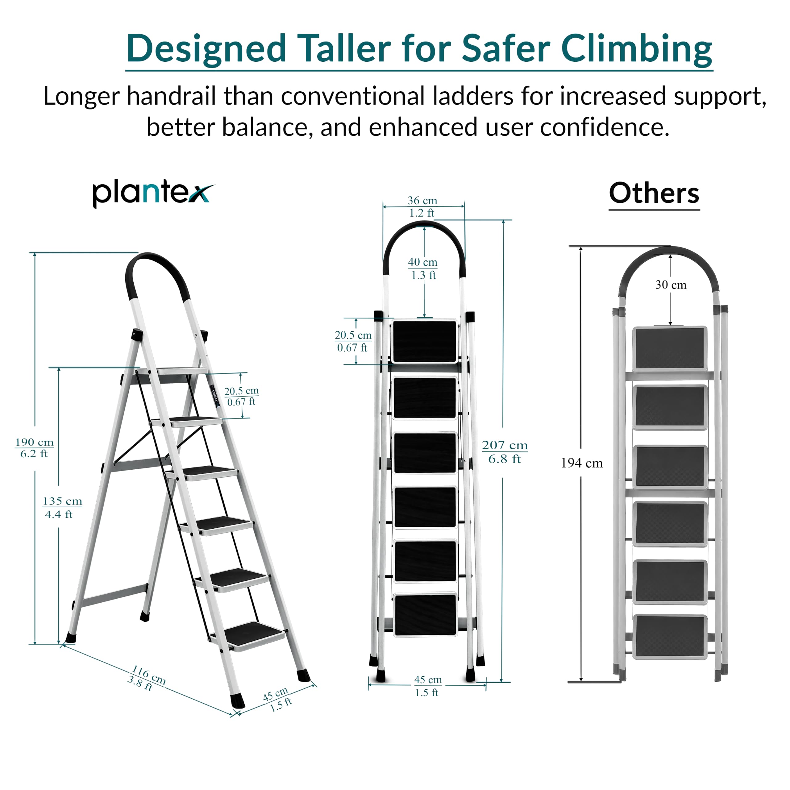 Plantex Ladder for Home 6 Steps/Foldable Ladder with Anti-Skid Wide Steps (30L x 20W cm)/Strong D-Shape Pipe with X-Support for More Stability/5 Year Warranty(Apex-White) — Amazon image 2