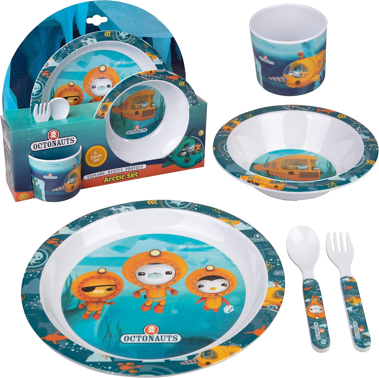 Octonauts 5 Piece Dinnerware Set-Blue Octo-Friends -Includes Reusable Raised Edge Plate, Bowl, Cup & Utensils-Durable Break Resistant Melamine, BPA Free, Dishwasher Safe-Gift for Toddlers Boys & Girls