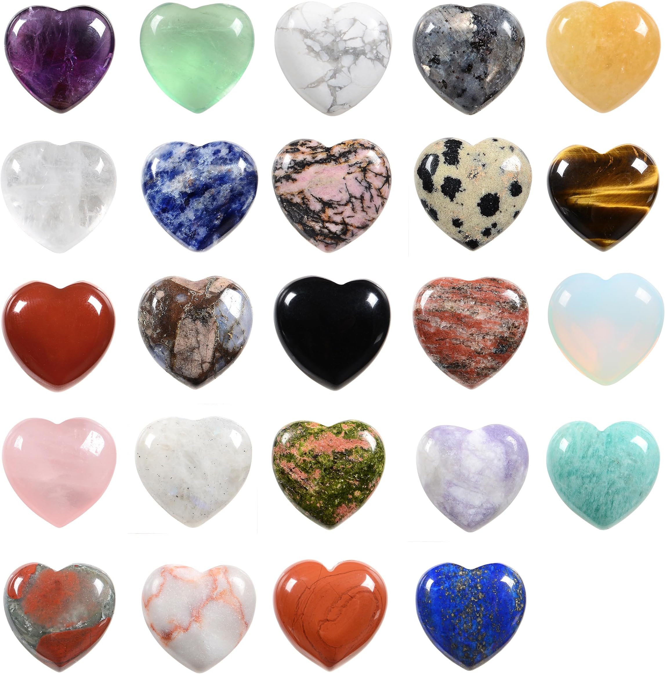 Assorted Gemstone Mini 20mm Heart Healing Palm Crystal Pocket Stone Mini Heart Worry Stone Set Rock Collection Box (Pack of 24)