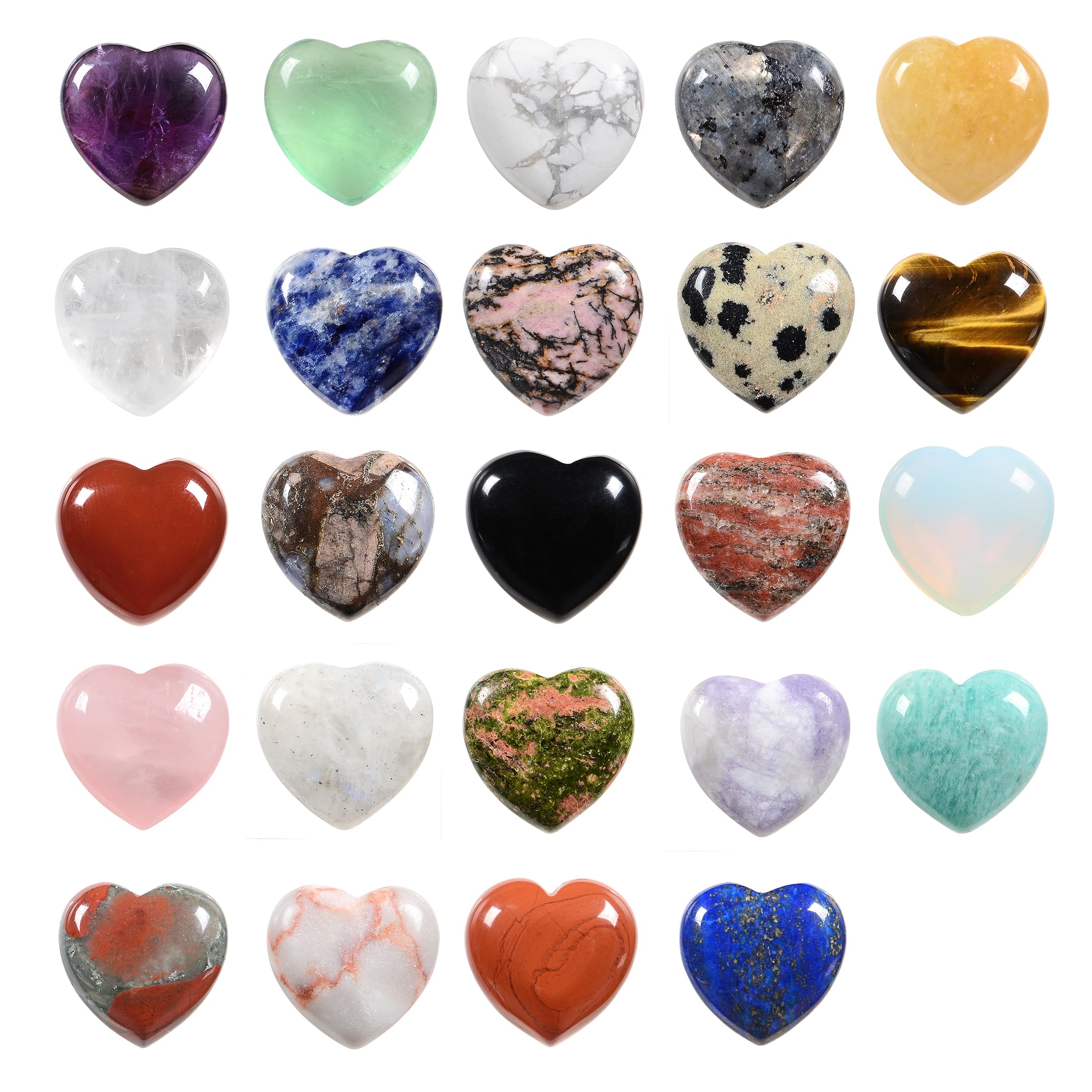 Assorted Gemstone Mini 20mm Heart Healing Palm Crystal Pocket Stone Mini Heart Worry Stone Set Rock Collection Box (Pack of 24)