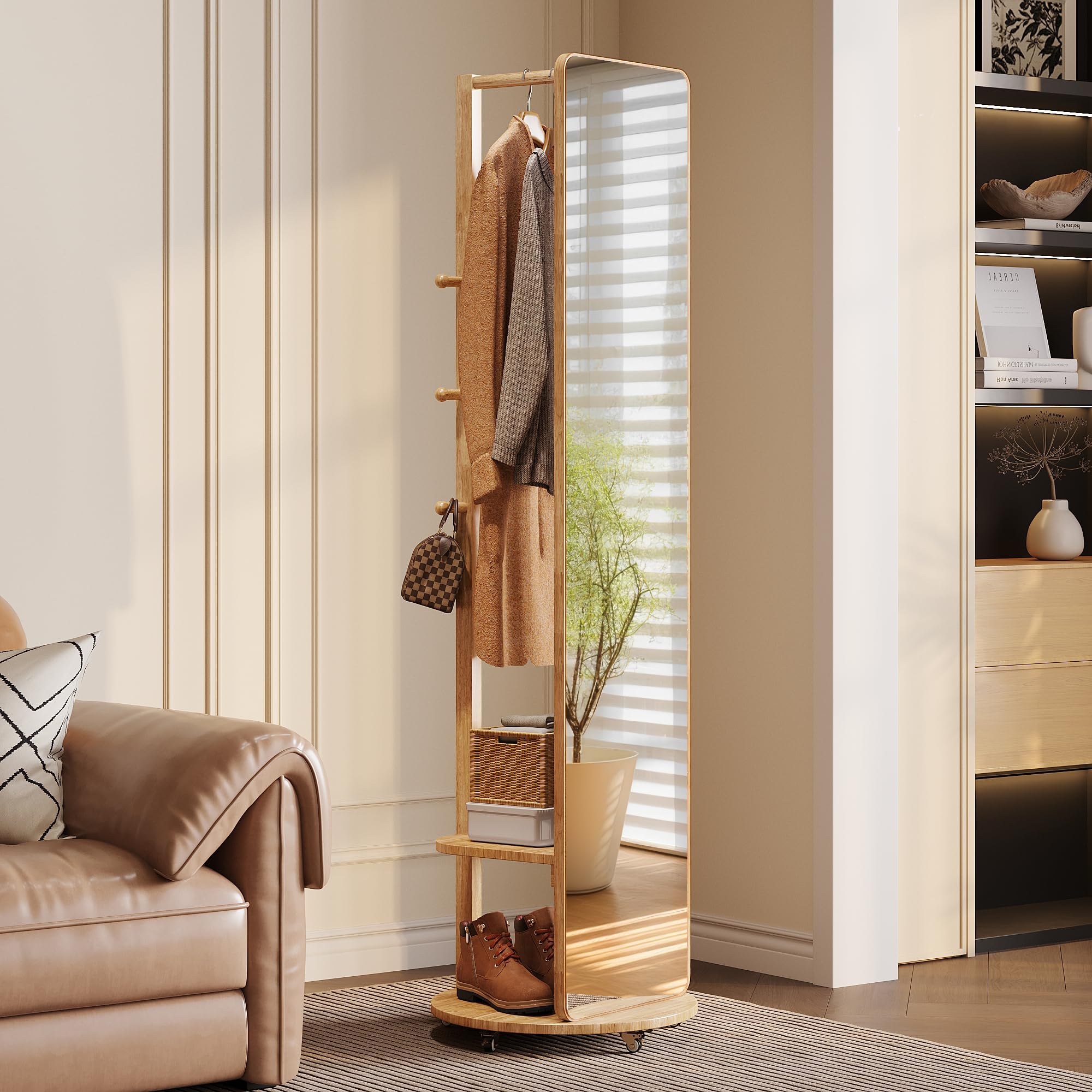 Wood Full Length Mirror 69” with Hooks & Hidden Storage, 3-in-1 Coat Rack Standing Mirror with 360° Hidden Wheels, HD Anti-Distortion Glass for Bedroom, Entryway, Closet
