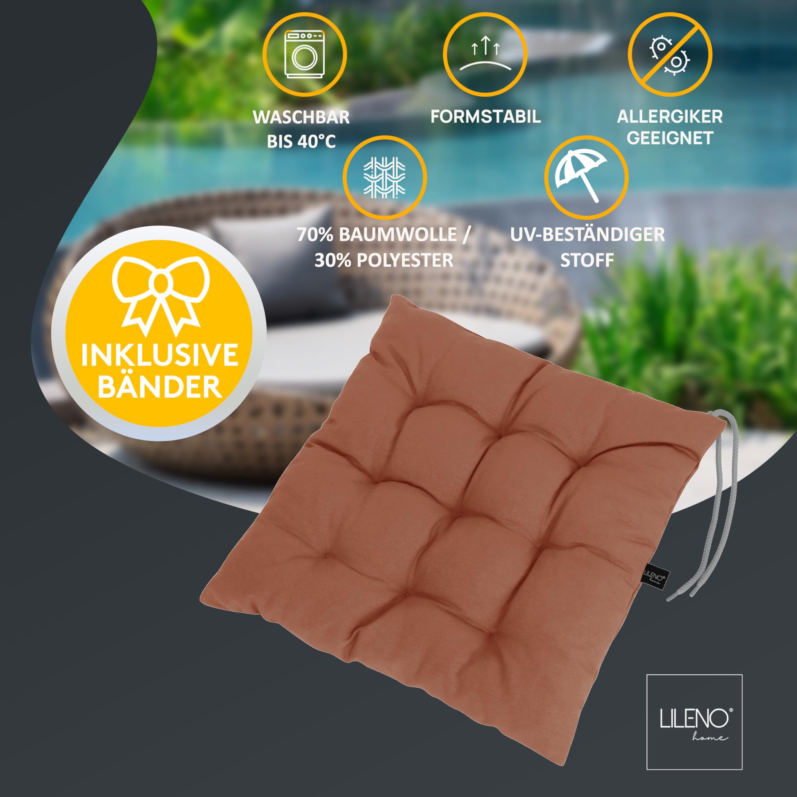 LILENO HOME Zestaw 6 poduszek na krzesło 09 brązowe (40 x 40 x 6 cm) – poduszka do siedzenia do ogrodu, kuchni lub jadalni – odporna na promieniowanie UV nakładka na krzesło wewnątrz i na zewnątrz