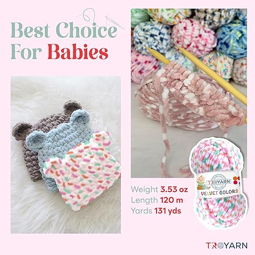 Miniatura 3 de Troyarn Ovillo de terciopelo de chenilla para manta de bebé, hilo amigurumi para tejer y tejer, súper voluminoso, 3.53 oz (131 yardas) (10204)