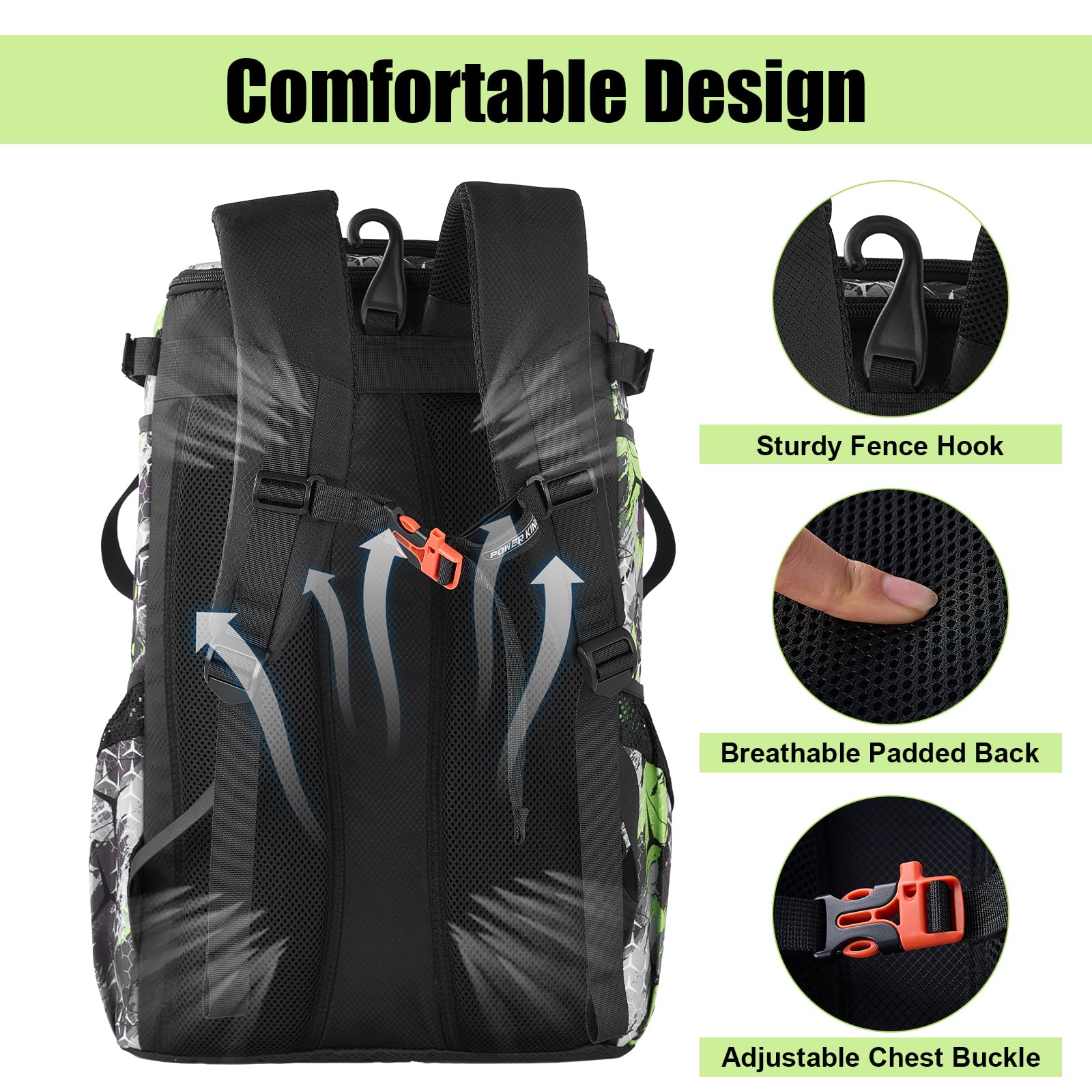 POWER KING 45L Youth Baseball Bat Bag, Large Capacity Backpack for Baseball, T-Ball & Softball Equipment & Gear with Shoe Compartment | Fence Hook | Helmet Holder