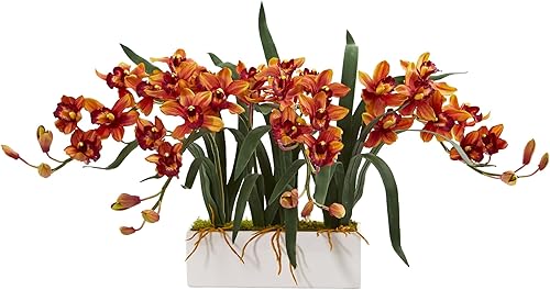 nearly natural 1563-bg Cymbidium artificial arreglo en jarrón de color blanco planta, burdeos