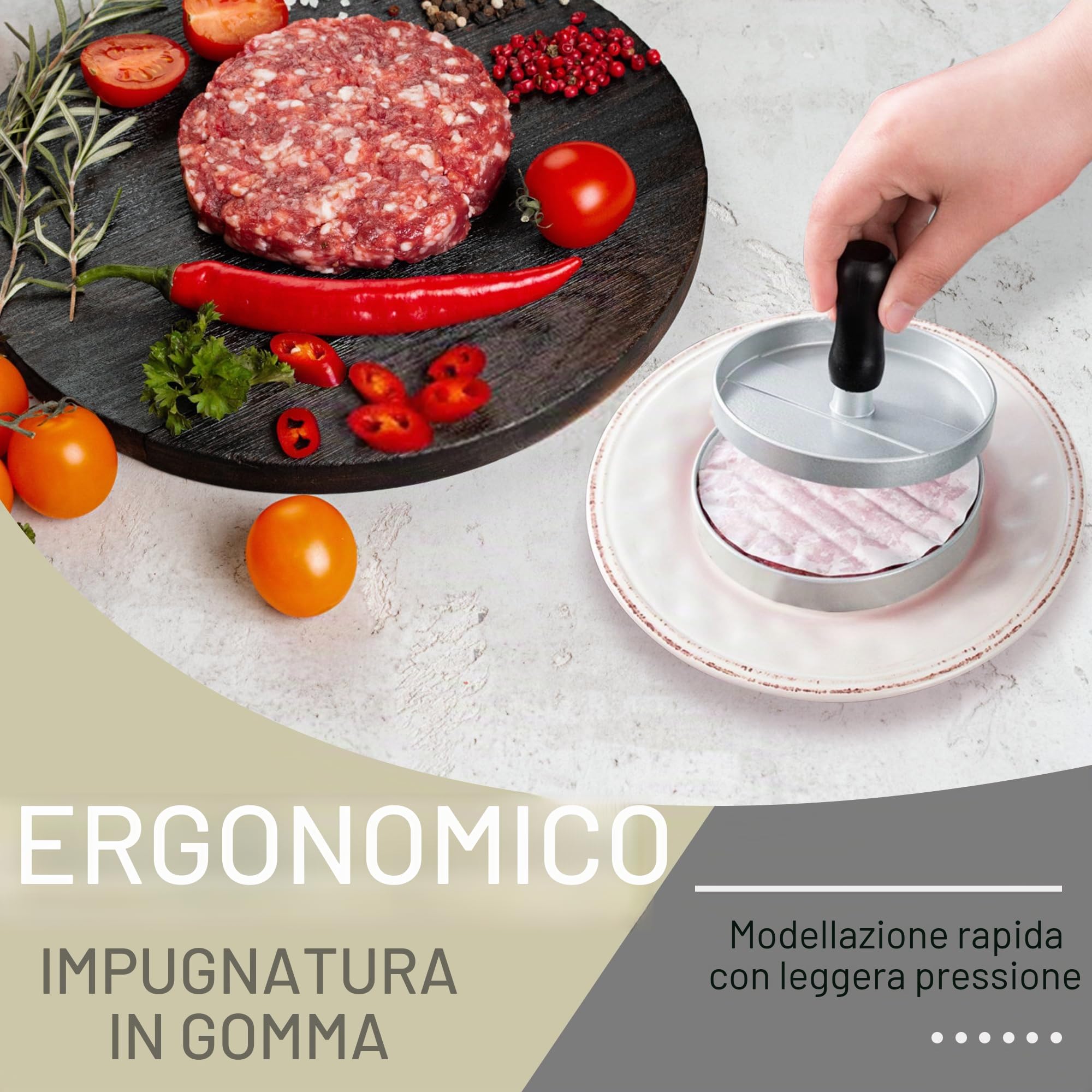 JUANSHI® Pressa per Hamburger con 100 Fogli di Carta da Forno Stampo per Hamburger Rivestimento Antiaderente Pressa per Hamburger, 12 cm Macchina per Hamburger (Argento)