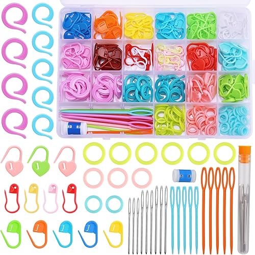Juego de 260 marcadores de puntada, 140 marcadores de punto de ganchillo coloridos, 3 anillos de marcadores de puntada, 2 tipos de agujas de coser