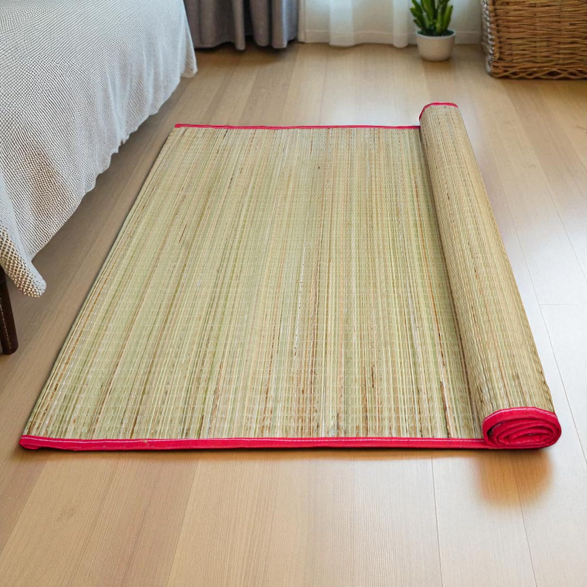 MAMAJI TECH SOLUTION Madurkathi Chatai for Sleeping (66x42 Inch) | 100% Natural & Handmade Korai Grass Mat | Foldable Floor Mat for Yoga, Meditation & Back Pain Relief | Eco-Friendly (RED)