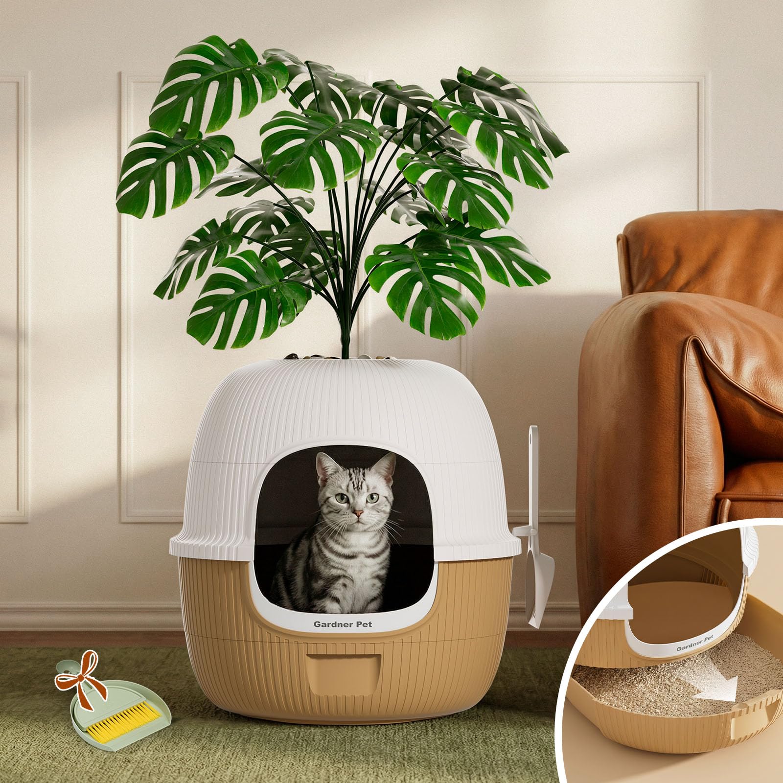 Gardner Pet Lettiera per Gatti Nascosta, Marrone Chiaro, 49X49X50Cm | Con Pianta Artificiale, Ciottoli e Pala Inclusi, Stile Vaso con Cassetto, Filtro a Carbone, Design Impermeabile