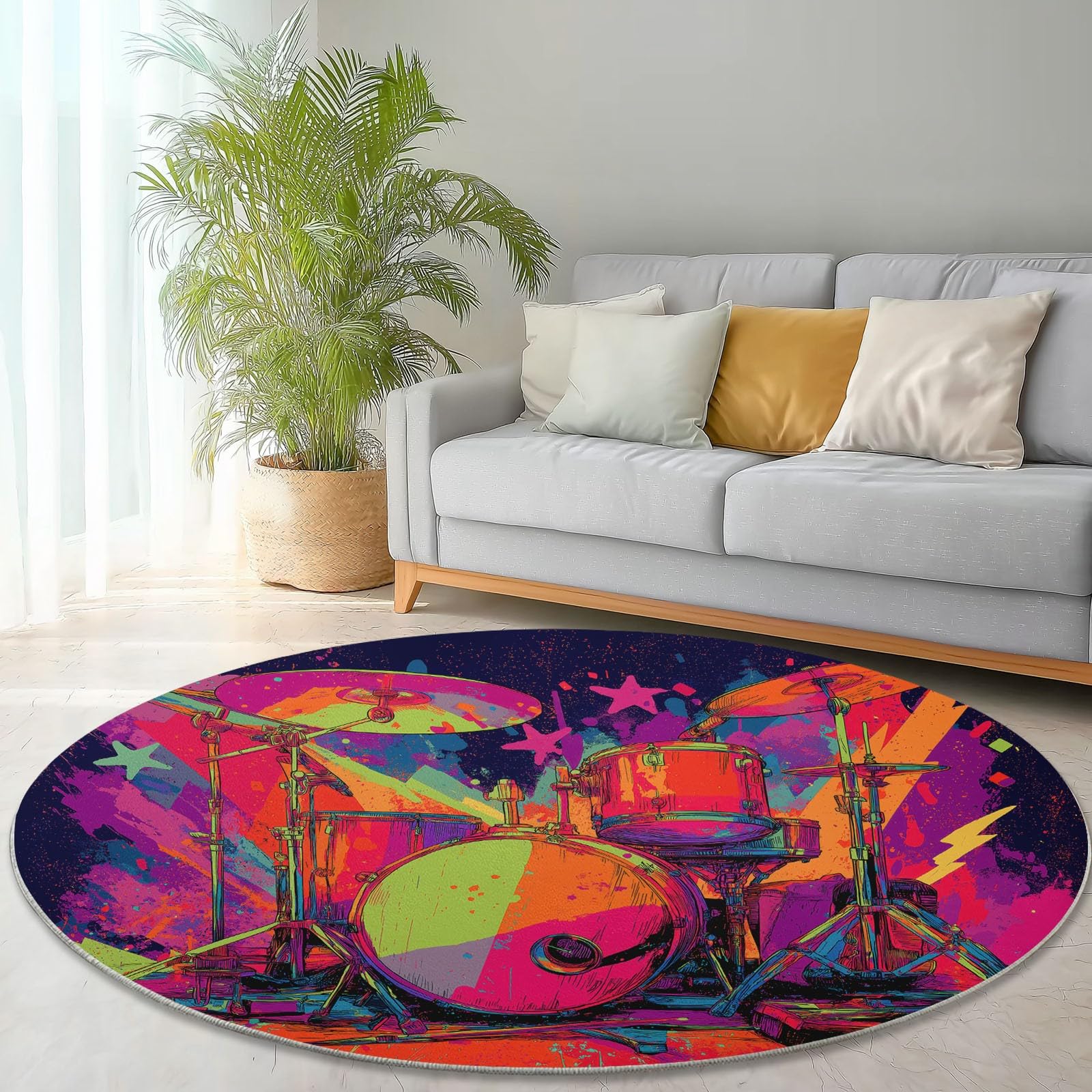 Pop Art Muzyka Okrągły dywan 120 cm Wielokolorowy Gwiazda Bateria Błyskawiczna Salon Okrągła Sypialnia Można prać w pralce Antypoślizgowy dywanik na łóżko do jadalni Kuchnia Biuro, Pokój gier