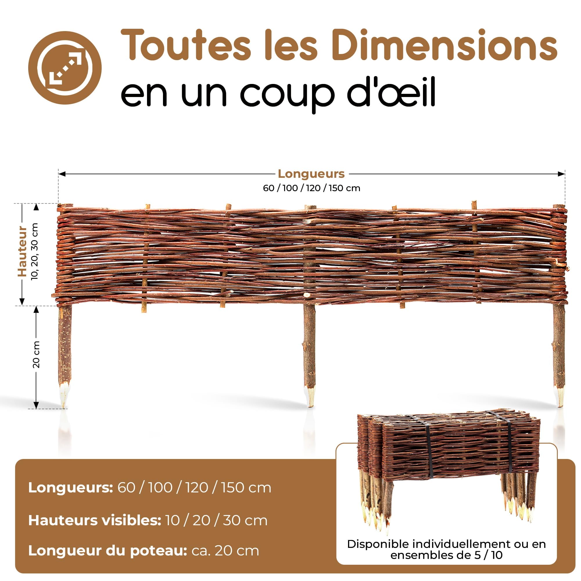 BOOGARDI Bordure de Jardin en Bois · 12 Tailles · 10x clôture en Osier Hauteur 30 cm x Longueur 100 cm · Barrière à Planter pour Parterre · Bordure de pelouse en Osier