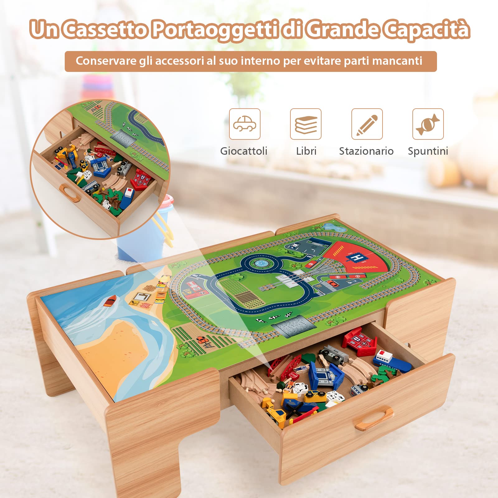COSTWAY Tavolo e Set Treno Giocattolo in Legno, Set da Gioco Creativo Treni e Binari per Bambini con 100 Pezzi, Trenino per Bambini Anni 3+