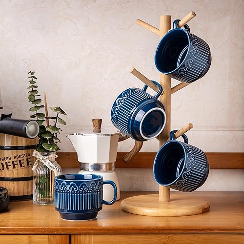 Miniatura 8 de AmorArc Juego de 4 tazas de café apilables de 8 onzas para hombre, mujer, papá, mamá, tazas de café de cerámica con patrones texturizados para