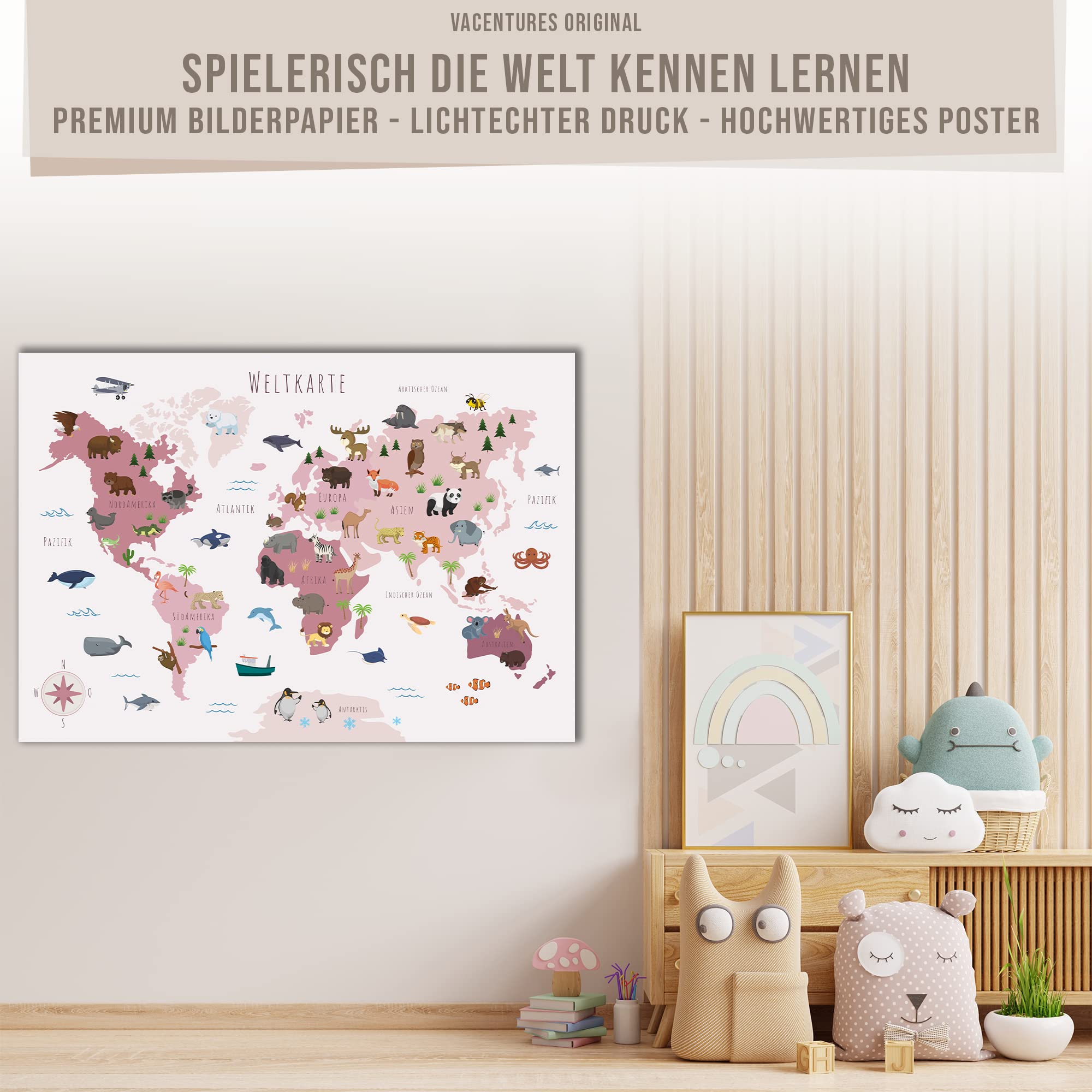 Kinderzimmer Weltkarte Poster mit mehr als 50 Tieren I Bunte Tierweltkarte Wanddeko für Jungen und Mädchen I Hochwertiger Druck (Rosa, 60x40cm)