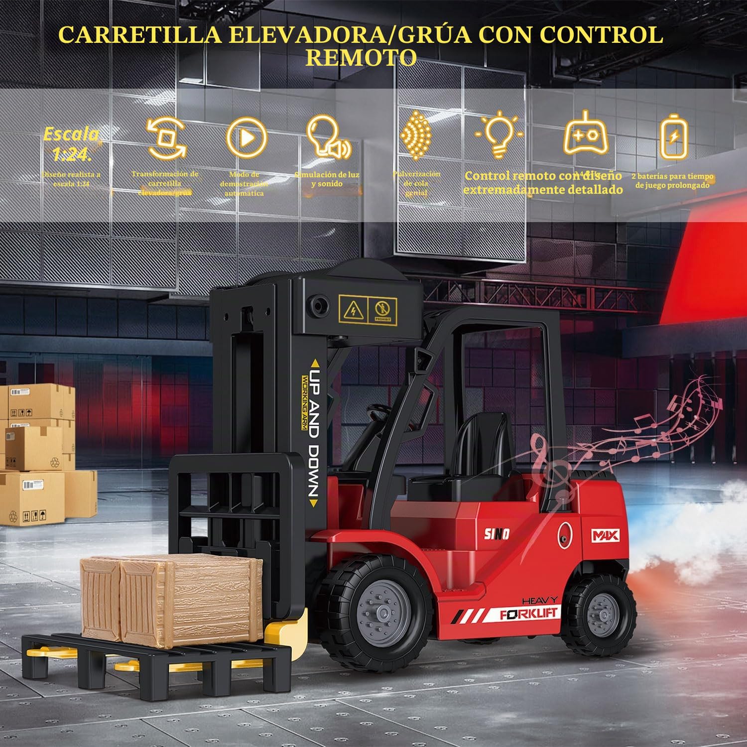 Mostop Carretilla elevadora teledirigida, juguete 1/24 Rc carretilla elevadora de juguete, con cajas/arcilla y spray luminoso, dos baterías recargables y cargador, técnica de juguete de coche