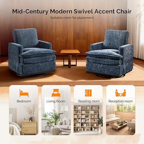 Miniatura 7 de VINGLI Juego de 2 sillones decorativos modernos giratorios de 360 de mediados de siglo con cojines de asiento de doble capa, cómodo sofá cuadrado