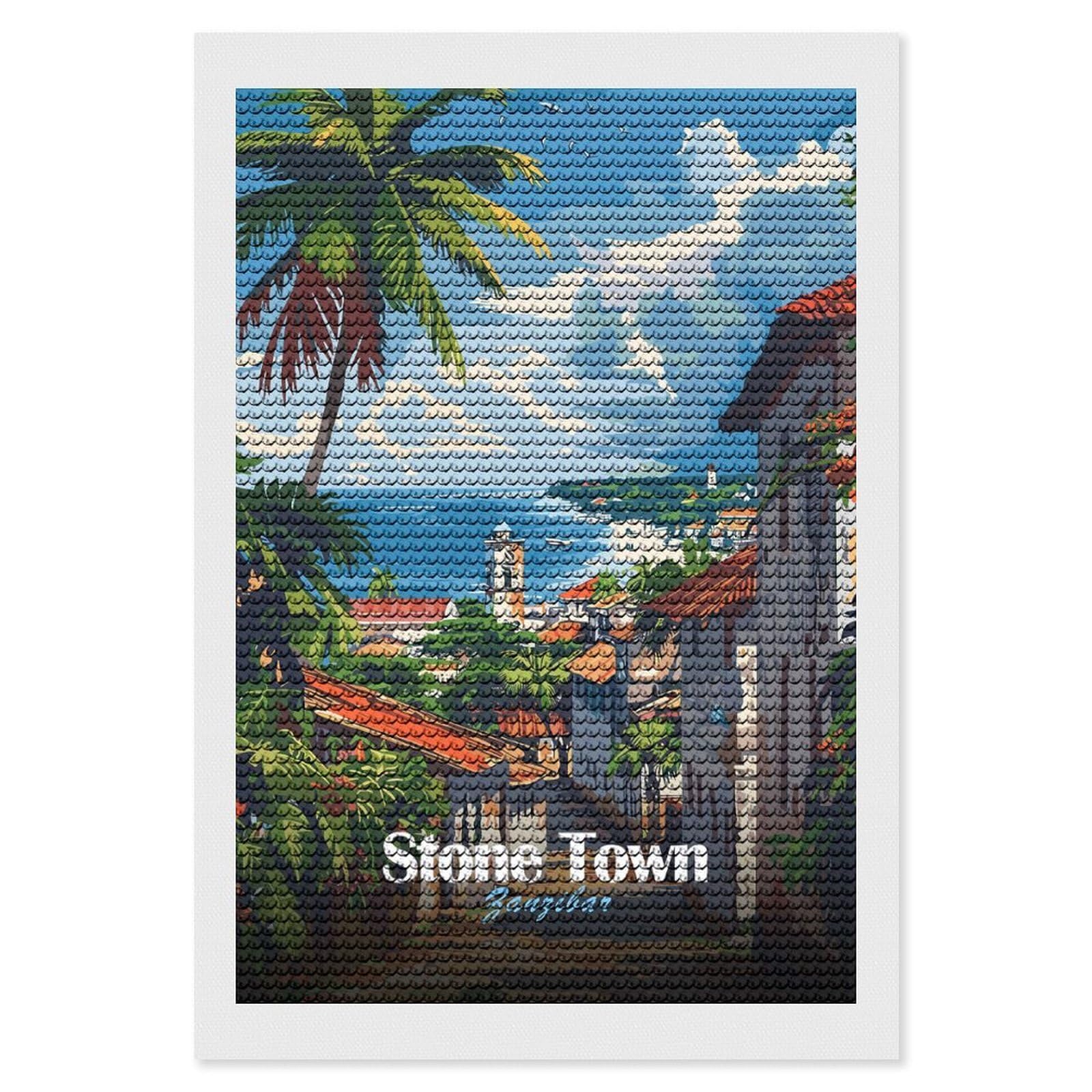 Junmoney Stone Town Zanzibar Diamond Painting Canvas Set 8"x12", for Adults, Sparkling Round Gems, Thoughtful Handmade Gift, Modern Decor