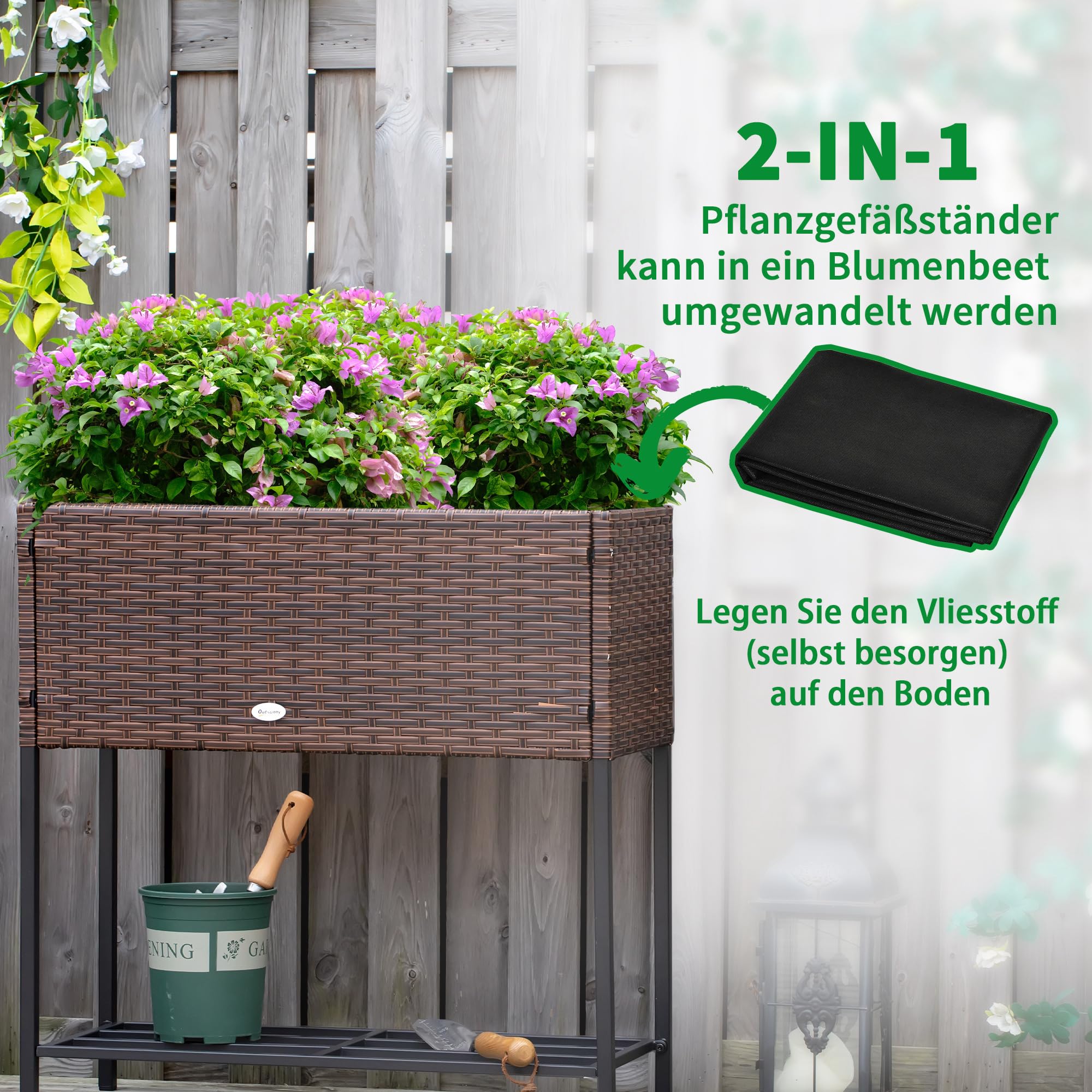 Outsunny Poly Rattan Hochbeet Blumenkasten mit Füßen Braun 70 x 30 x 70 cm