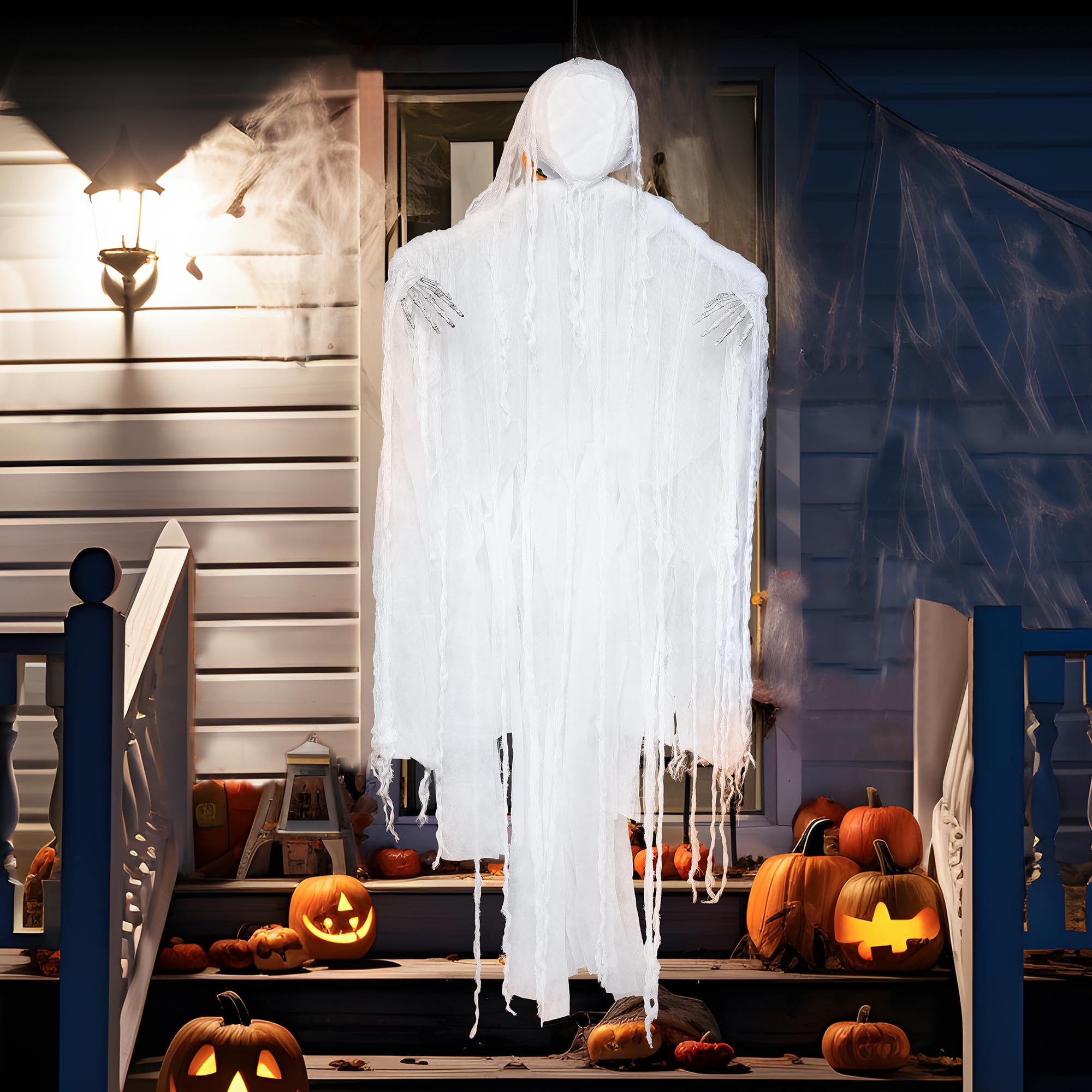 JOYIN Wiszący ponury żniwiarz 160 cm, duch bez twarzy w kolorze białym na Halloween, dekoracje wewnętrzne/zewnętrzne, dekoracja nawiedzonego domu, trawnik, wiszące dekoracje na podwórko
