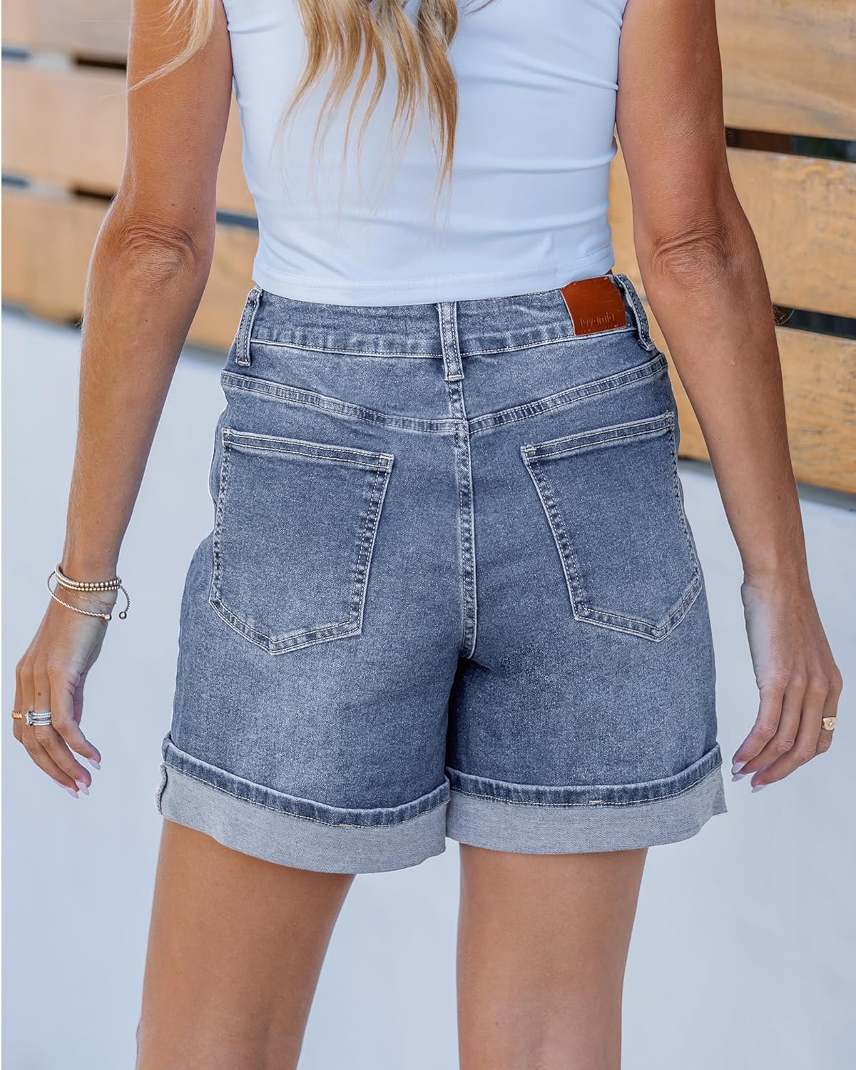 luvamia Jean Shorts for Women Trendy High Waisted Mid Thigh Fold Hem Cutoff Casual Summer Stretchy Denim Shorts Jorts - Image 3