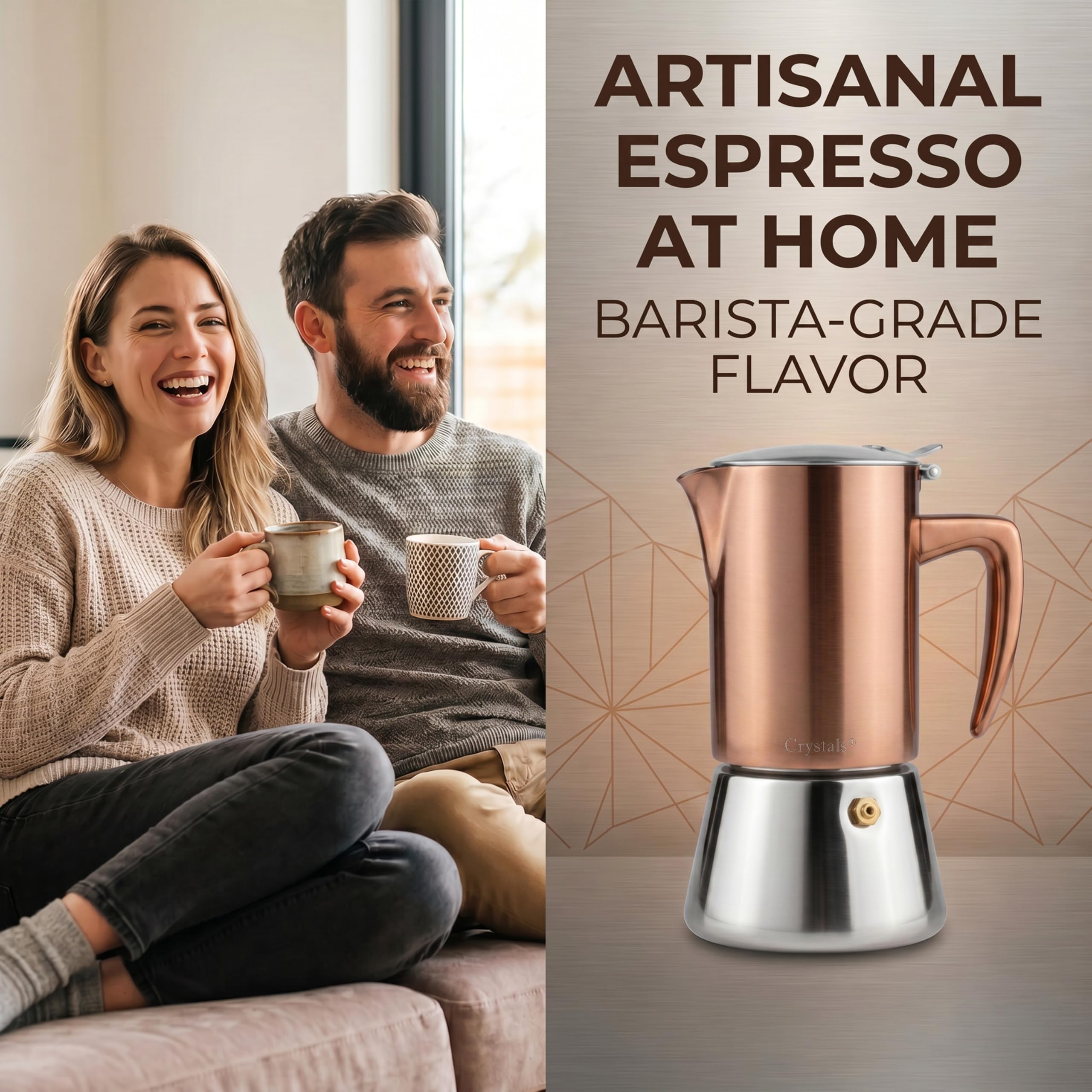 Crystals Cafetera espresso de acero inoxidable con acabado de cobre, olla Moka de 6 tazas (300 ml), cafetera italiana para inducción, cocinas de gas y eléctricas, percolador de espresso con válvula de