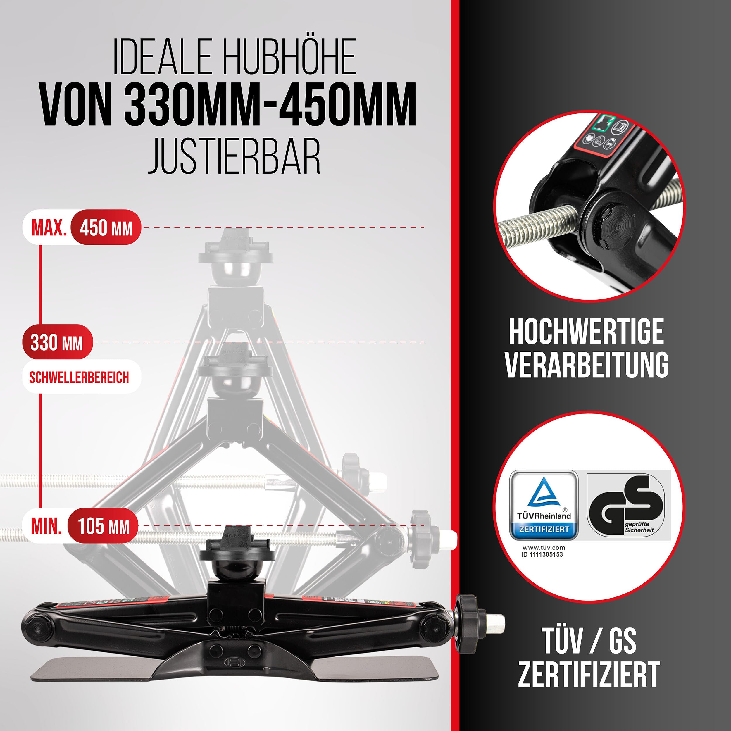 HEYNER® Podnośnik nożycowy ] do Mercedes E-Class W214 (2023-) - okrągłe siodełko, wymienna gumowa podpora 360°, ], grzechotka 17 mm i pokrętło, podstawa 30×8 cm, do