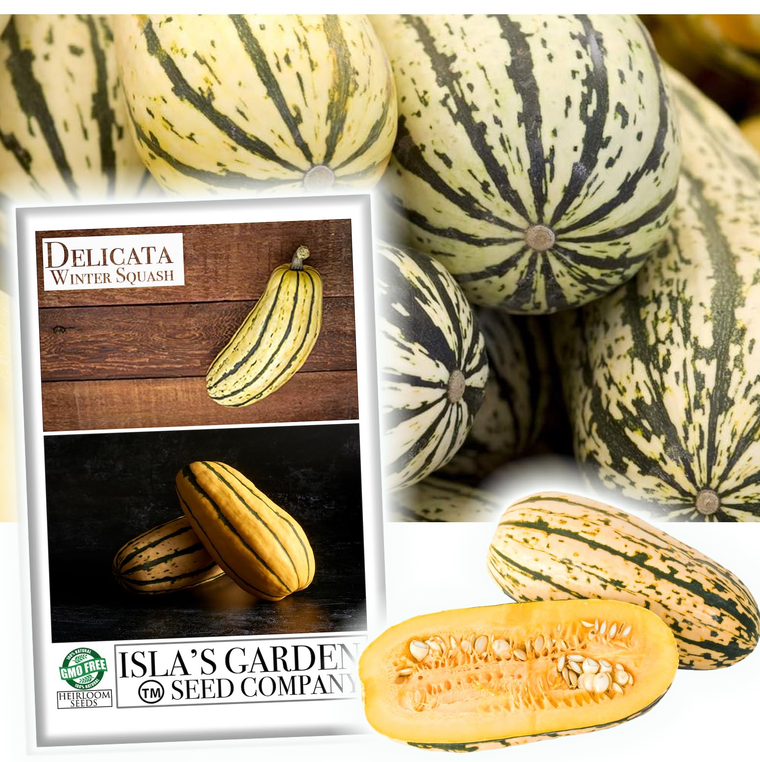 "Delicata" Winter Squash Seeds for Planting, 25+ Heirloom Seeds Per Packet, (Isla's Garden Seeds), Non GMO Seeds, Botanical Name: Cucurbita Pepo 'Delicata', Great Gardener Gift