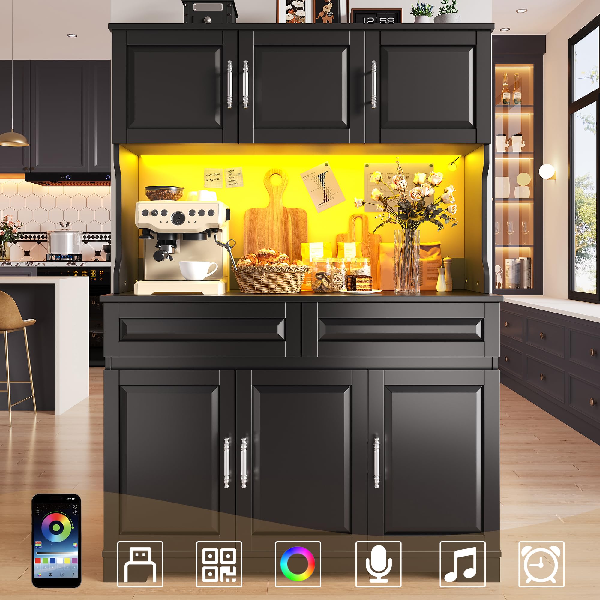 Küchenschrank mit LED-Beleuchtung und USB-Ladeanschluss, Hochschrank mit Verstellbare Einlegeböden und Aufbewahrungsschrank, Küchenschränke mit Schublade, Schwarz-A, 108x40x180 cm
