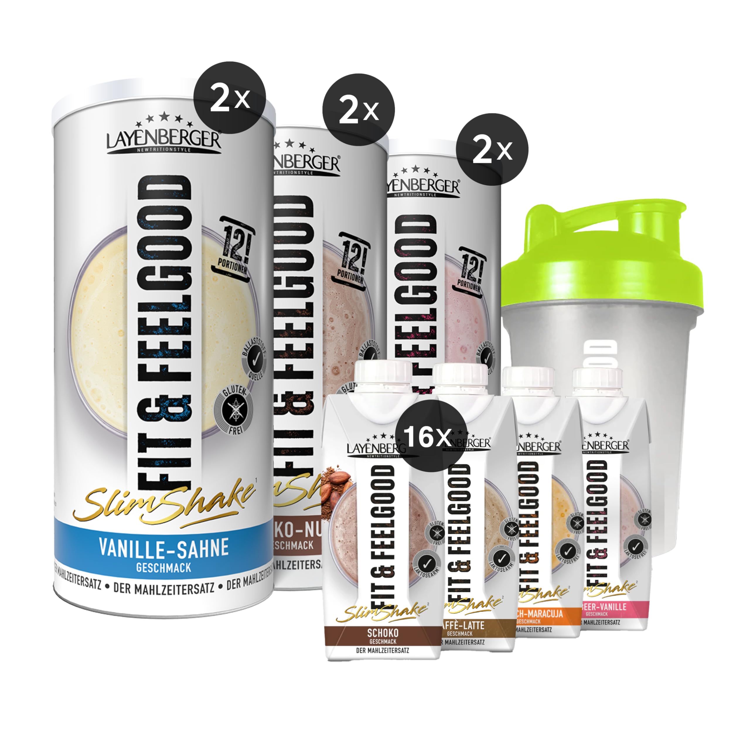 Layenberger Abnehm-Paket Premium - 23er Mix aus Fit&Feelgood Powder (6x 396 g) und Fixfertig (16x 330 ml) für kalorienarmen Mahlzeitersatz - mit Shaker