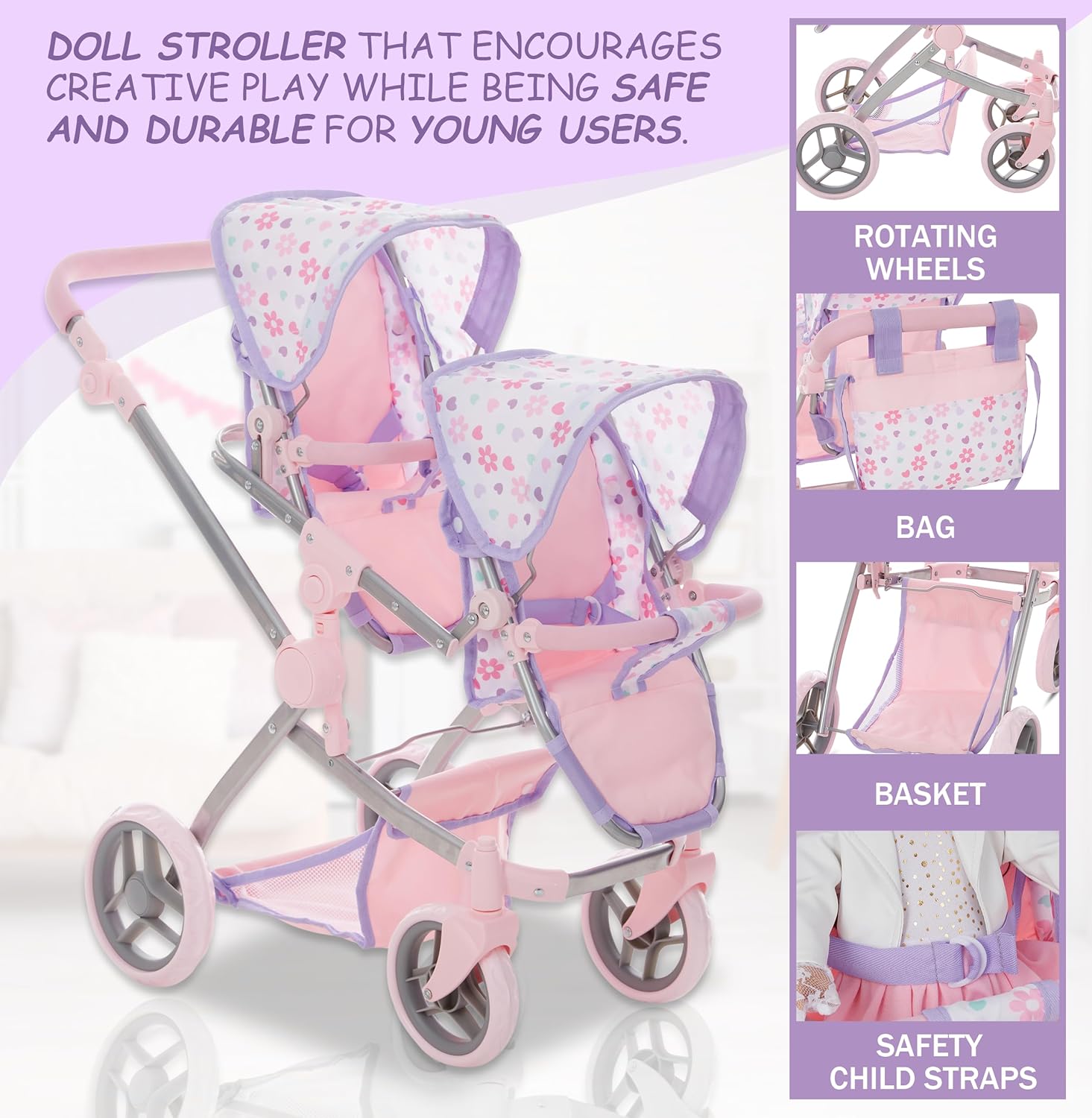 Dolls To Play Baby Doll Double Stroller, Twin Pink Pram Buggy Pretend Play for Girls, High Adjustable Handle Rotating Wheels Storage Basket Diaper Bag - 27.5 inch - Purple