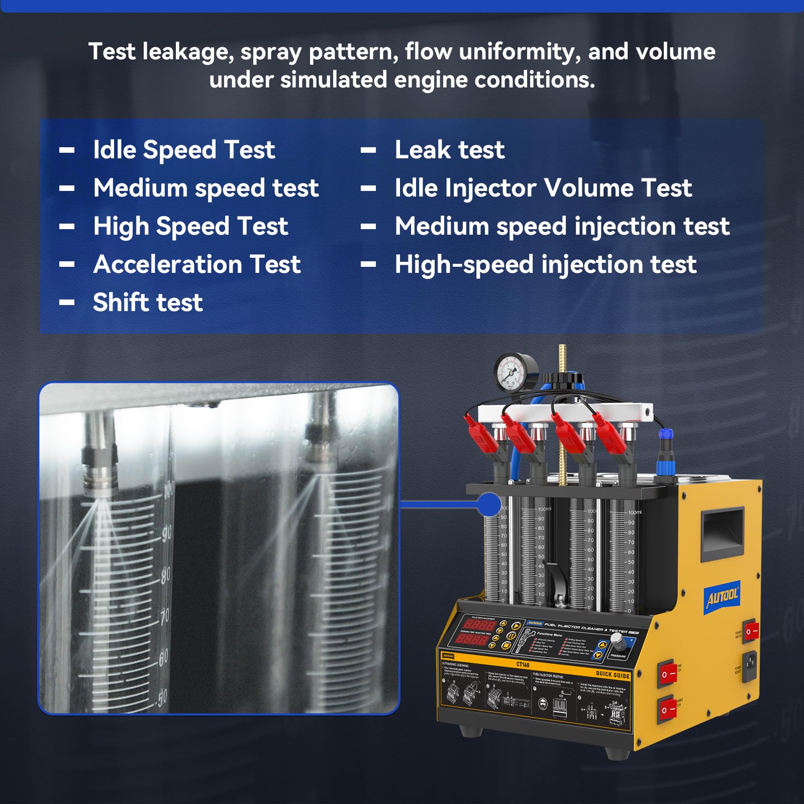 AUTOOL CT160 Tester per Iniettori di Carburante e Macchina Pulitrice a Ultrasuoni con Riscaldamento, Pulitore Iniettori Benzina Automatico con 4 cilindri,220V
