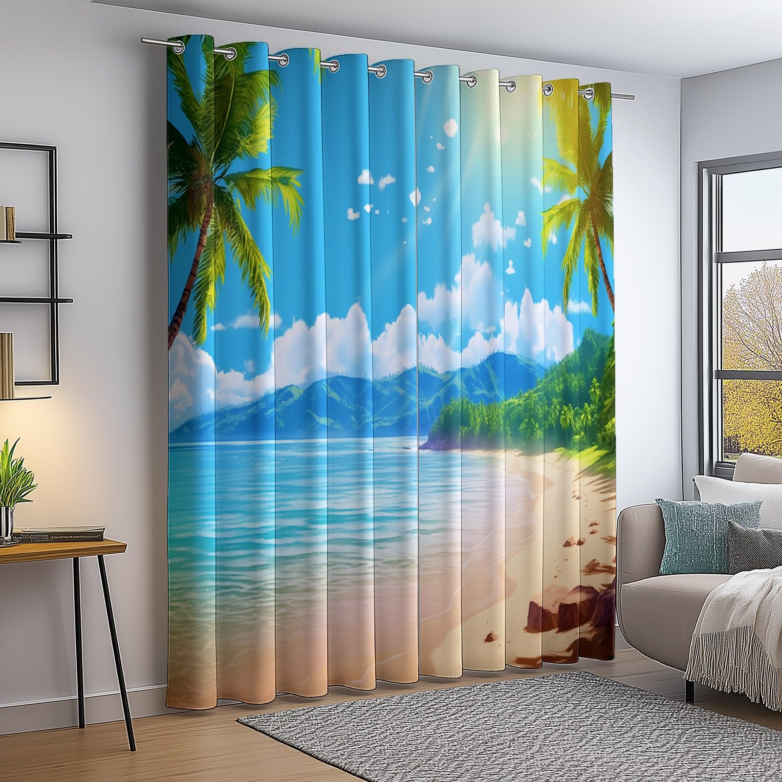Blau Grün Verdunklungsgardinen mit Ösen Kälteschutz Thermogardine Hitzeschutz, H 200 x B 70 cm (2er Pack) Landschaft Tropischer Strand Berge Palmen Blickdichte Vorhänge für Wohnzimmer