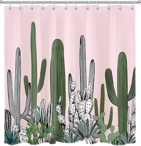 Miniatura 4 de Cortina de ducha de cactus tropical con ganchos, cortina de ducha de cactus botánico verde suculenta sobre rosa para baño, juego de cortinas de