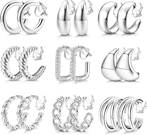 YADOCA 9 pares de aretes de clip de oro para mujer, chapados en oro de 14 quilates, aretes de aro gruesos con forma de gota de agua, sin