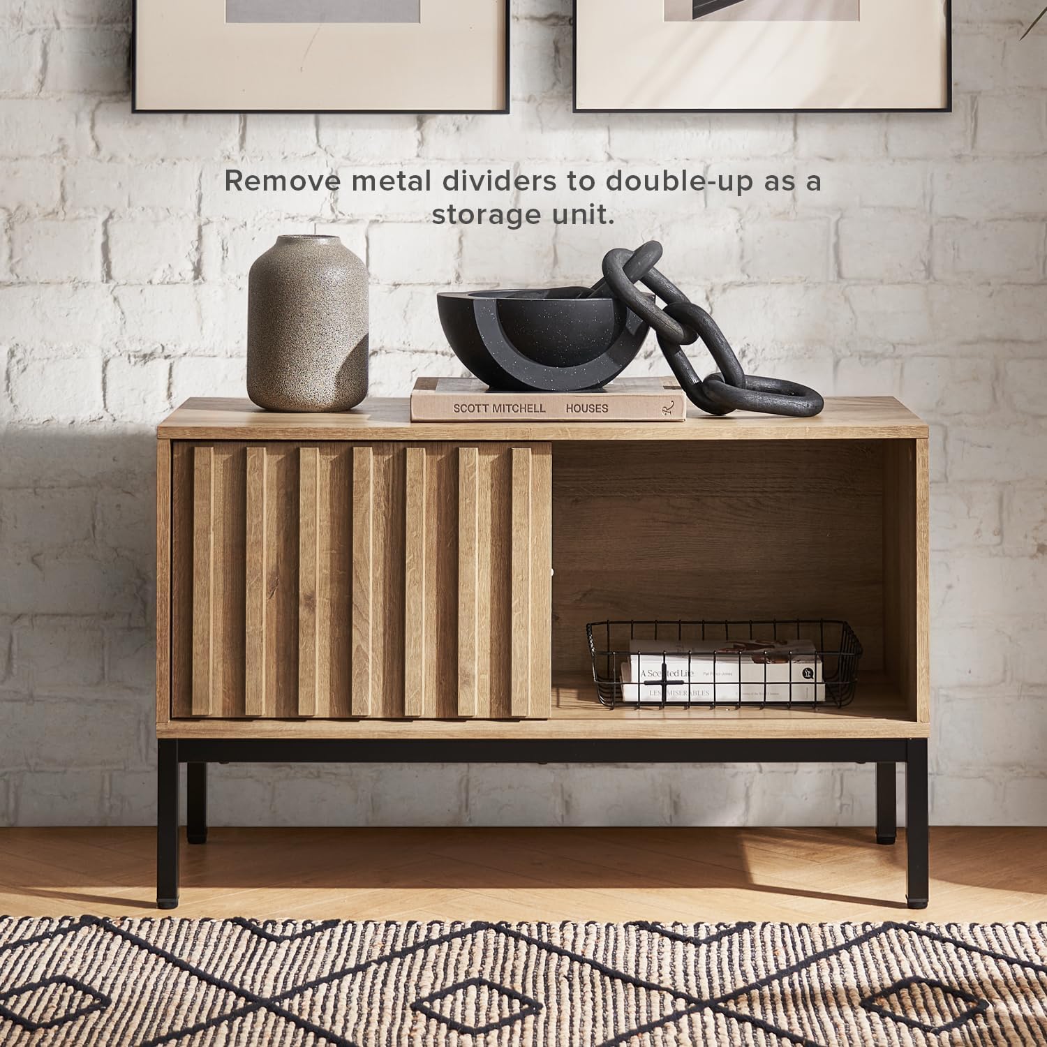 mopio Norwin Record Player Stand, 120 Albums Vinyl Record Storage, Turntable Stand, Media Stereo Storage Cabinet, Small TV Table, Removable Dividers, Fluted Sliding Door, Metal Legs, Living Room
