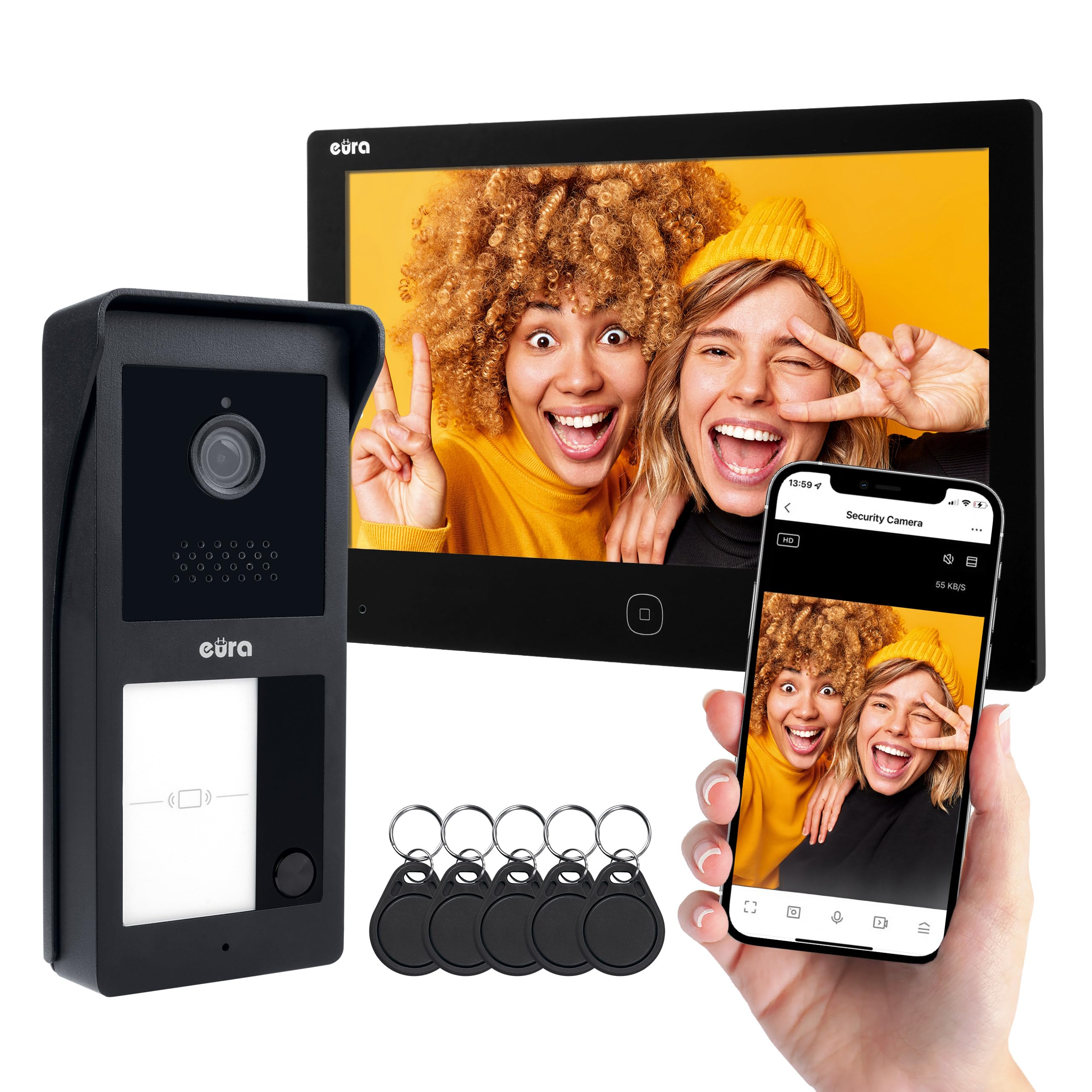 EURA VDP-45A3-2TY VDP-49A3-2TY TUYA wideodomofon WiFi, AHD, RFID, kolorowy monitor 7", dwuprzewodowy, czarny