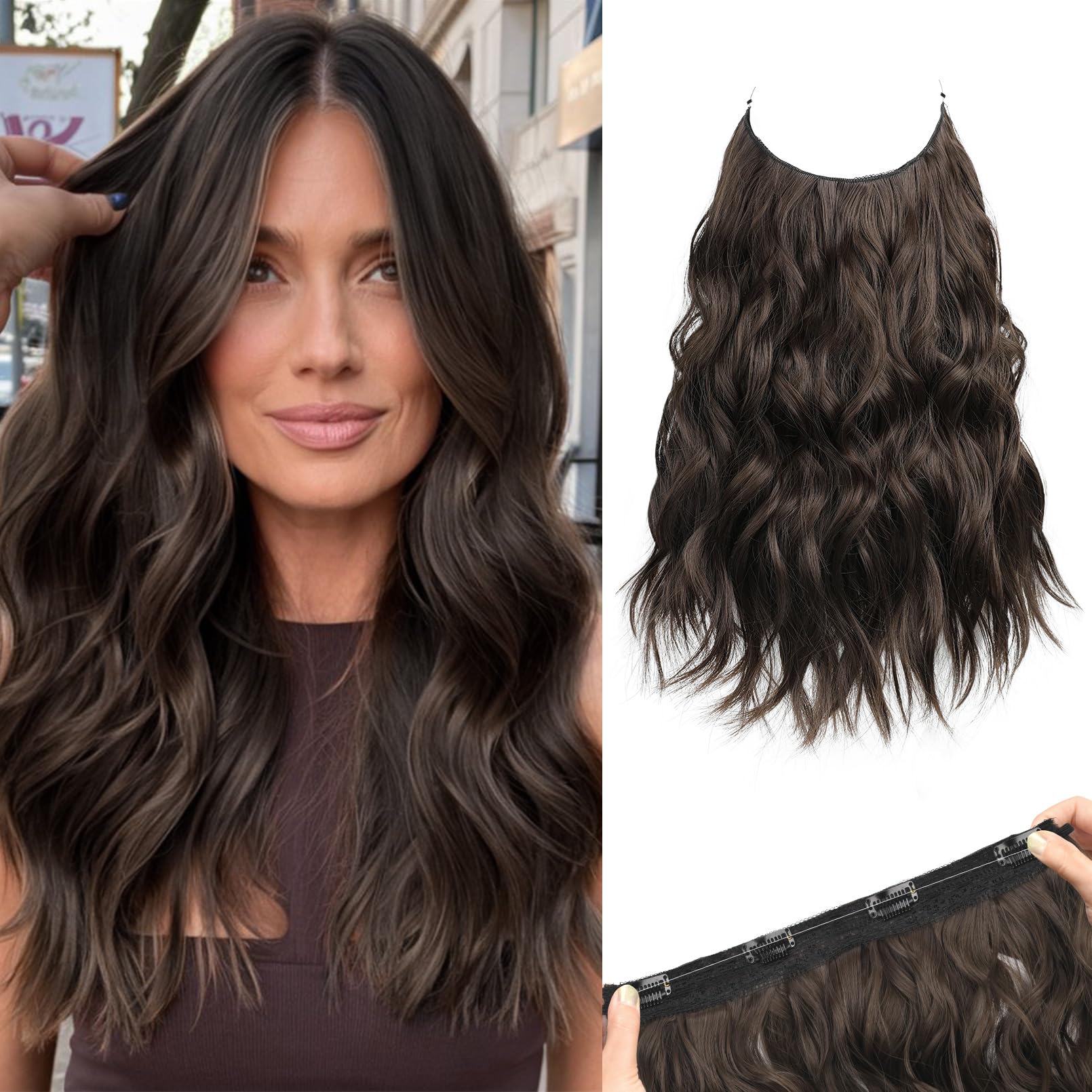 REECHO Invisible Wire Hair Extensions with Thinner Softer Lace Weft (Dark Brown, 16 Inch (Pack of 1))