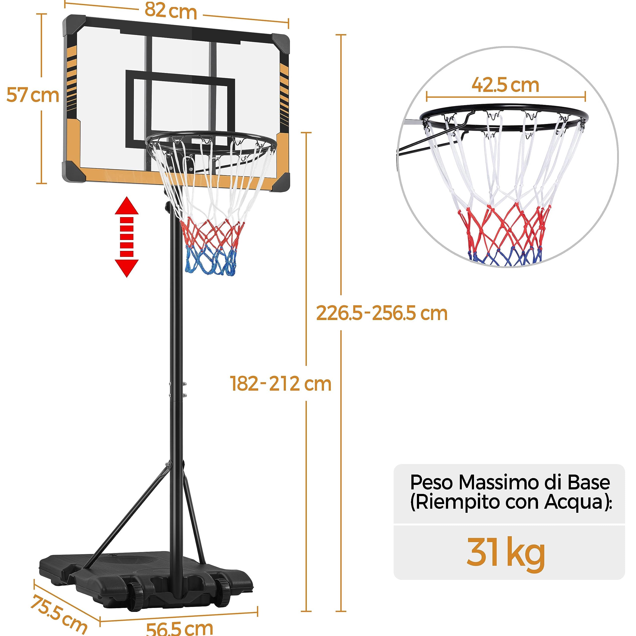 Yaheetech Canestro Basket Esterno Interno Camera Portatile con Colonna Tabellone Canestro Altezza Regolabile