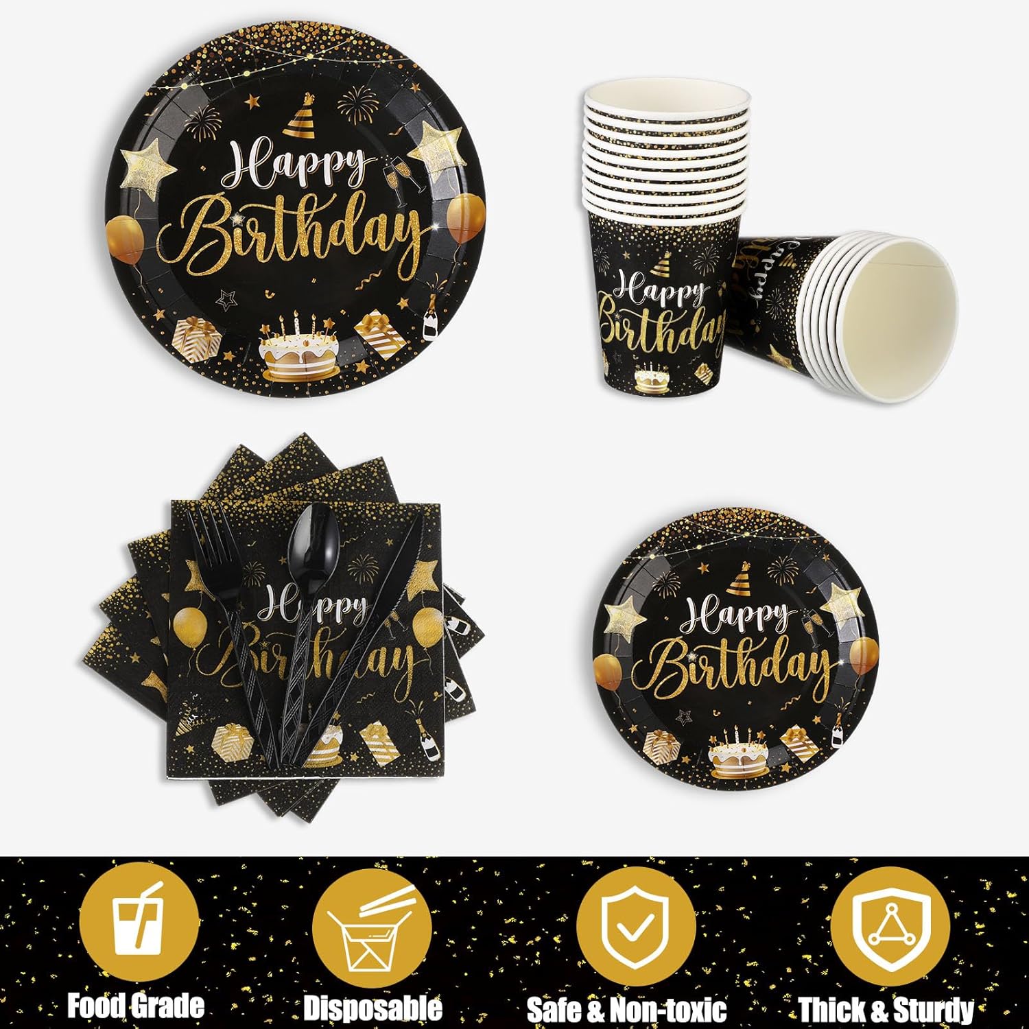 Vesici 171 Pcs Happy Birthday Party Supplies 24 Set Disposable Party Tableware include Plates Cups Napkins Cutlery and Banner Tablecloth Birthday Dinner Decorations for Men Woman(Black, Gold)